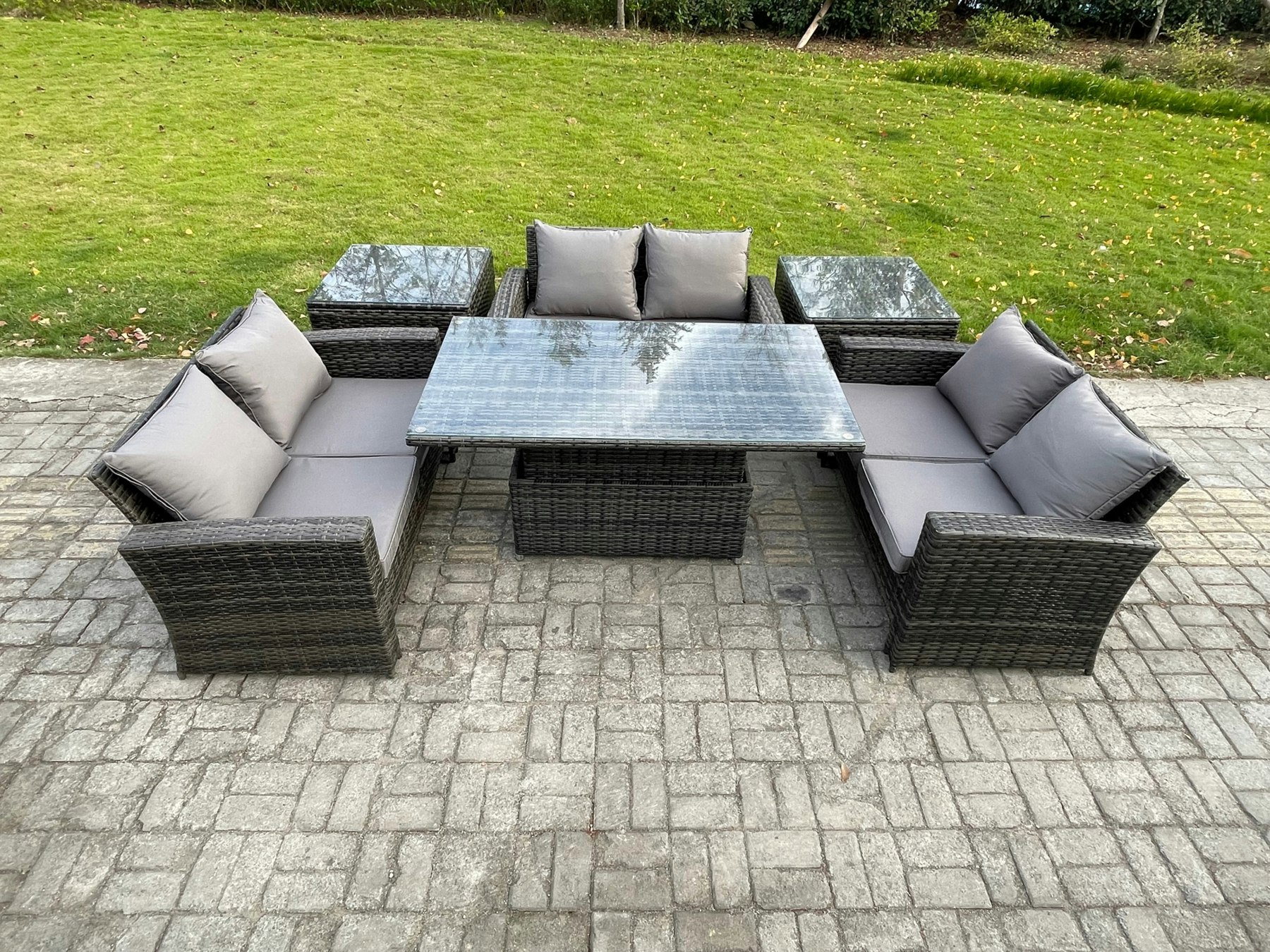 Rackhams Dark/Grey 6 Pieces Outdoor Lounge Sofa Set Wicker Pe Rattan Garden Furniture Set With Rising Lifting Table Double Seat Sofa 2 Side Tables Mixed