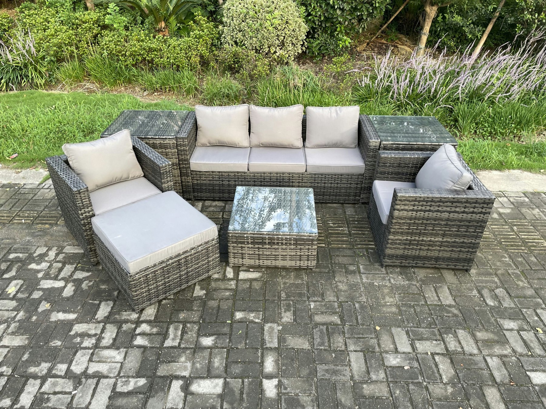 Rackhams Dark/Grey Wicker 7 Pieces Rattan Garden Furniture Sofa Set With Armchair 2 Side Tables Square Coffee Table Big Footstool Mixed