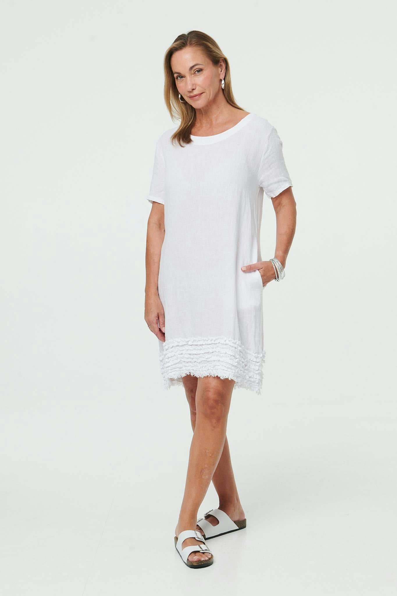 Izabel London White Frill Hem Short Relaxed Shift Dress - 16
