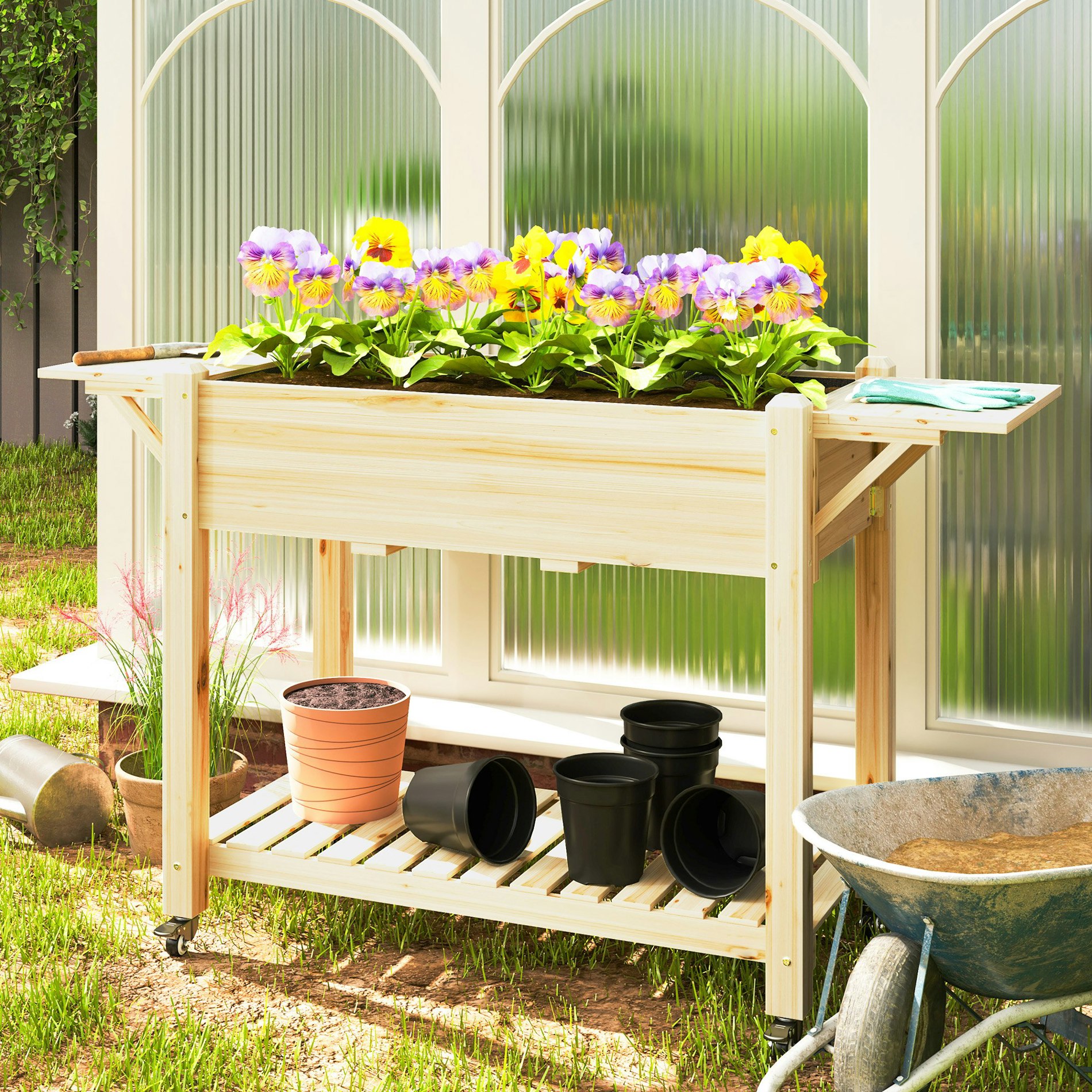 Outsunny Light Wooden Raised Planter With Lockable Wheels, Liner, Natural - Natural Wood Finish - Fir Wood - 145W X 52D X 86H Cm