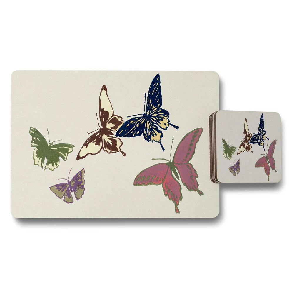 Rackhams Blue/Purple/Green Butterfly Placemats And Coaster Set With Colorful Butterflies