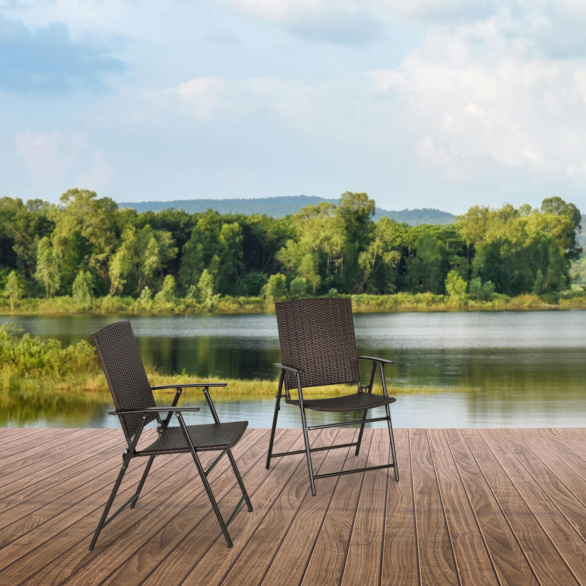 Rackhams Brown 2Pcs Rattan Chair Foldable Garden Furniture W/ Armrest - 58Cm X 61Cm X 94Cm - 2