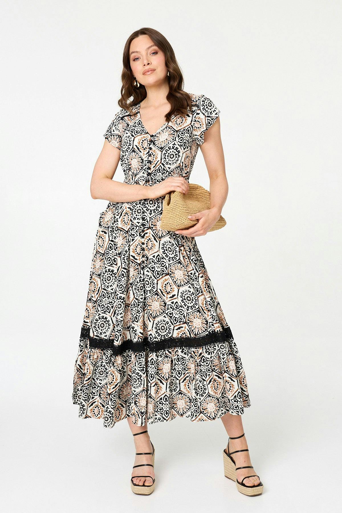 Izabel London Light Mosaic Print Lace Cap Sleeve Maxi Dress - 12 - Stone