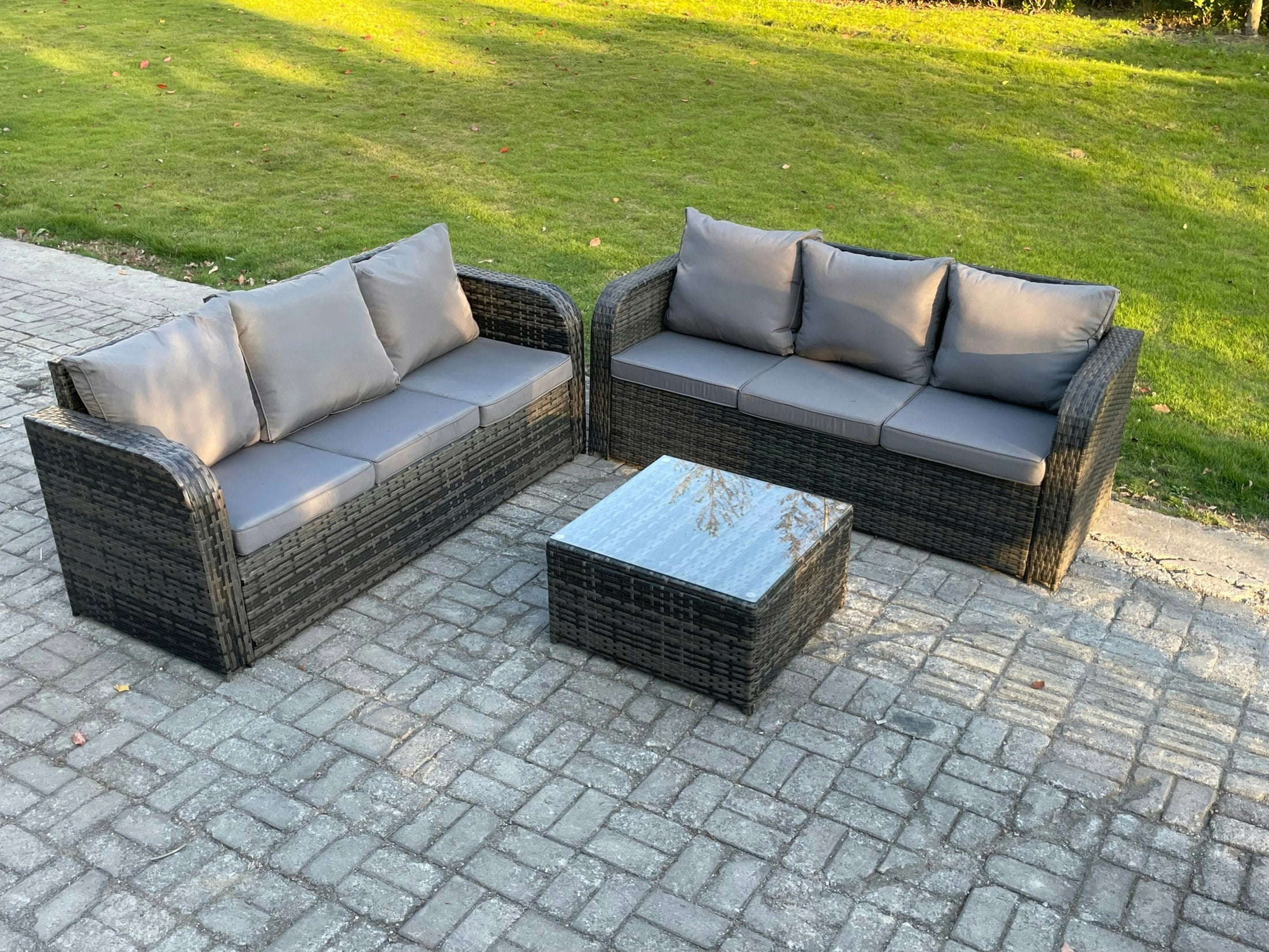 Fimous Grey Indoor Outdoor Rattan Garden Furniture 6 Seater Set Table Sofa Chair Patio Conservatory With Cushions