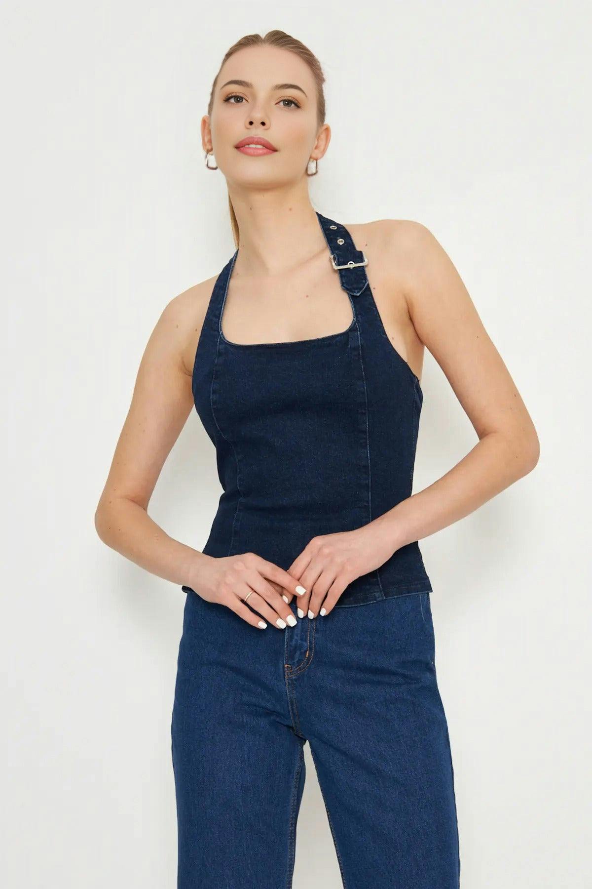 Wovcor Dark Halter Neck Denim Blouse With Belt Buckle Detail - Navy - Xs