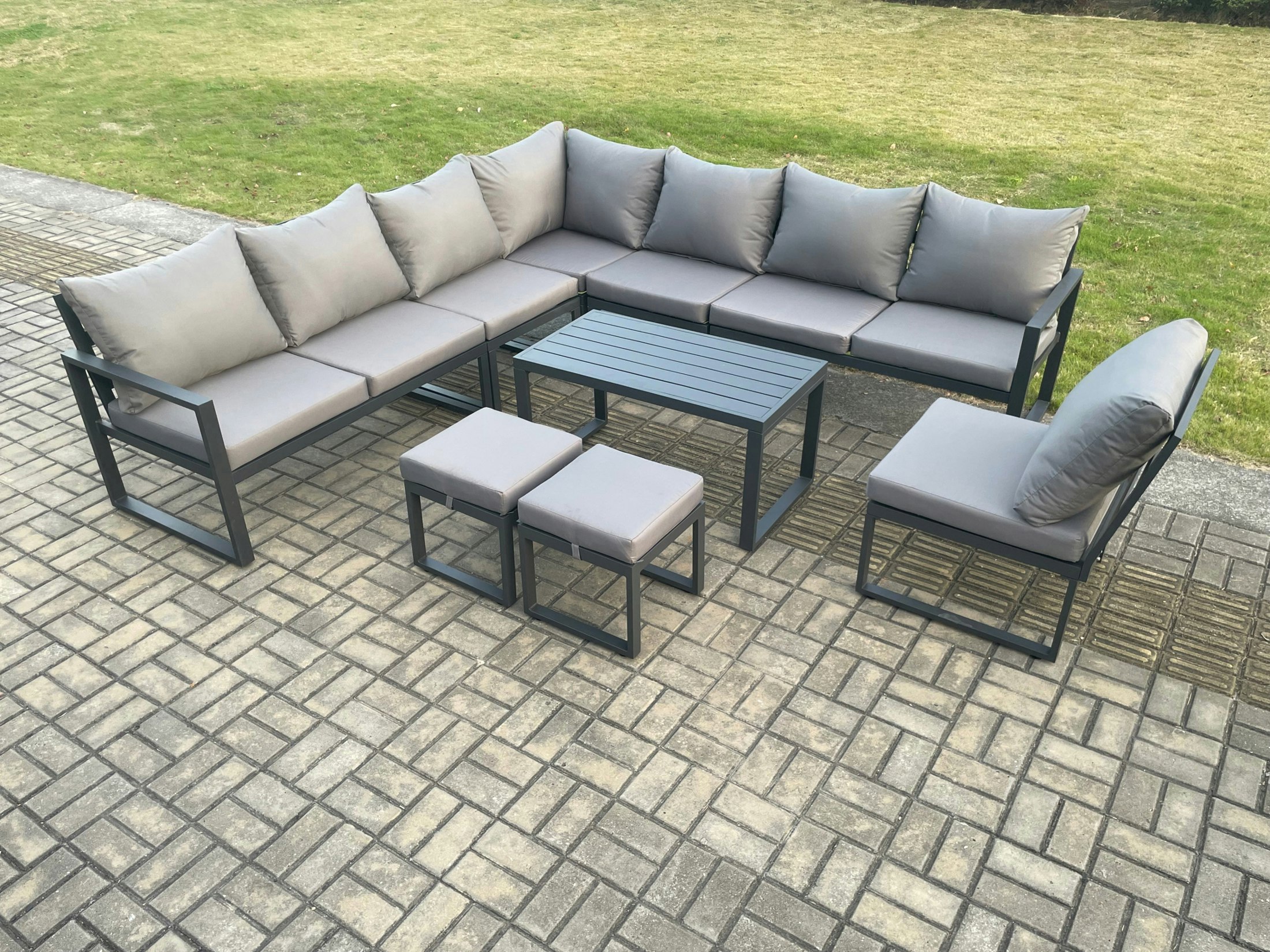 Fimous Dark/Grey Aluminium 10 Seater Patio Outdoor Garden Furniture Lounge Corner Sofa Set With Oblong Coffee Table 2 Small Footstools