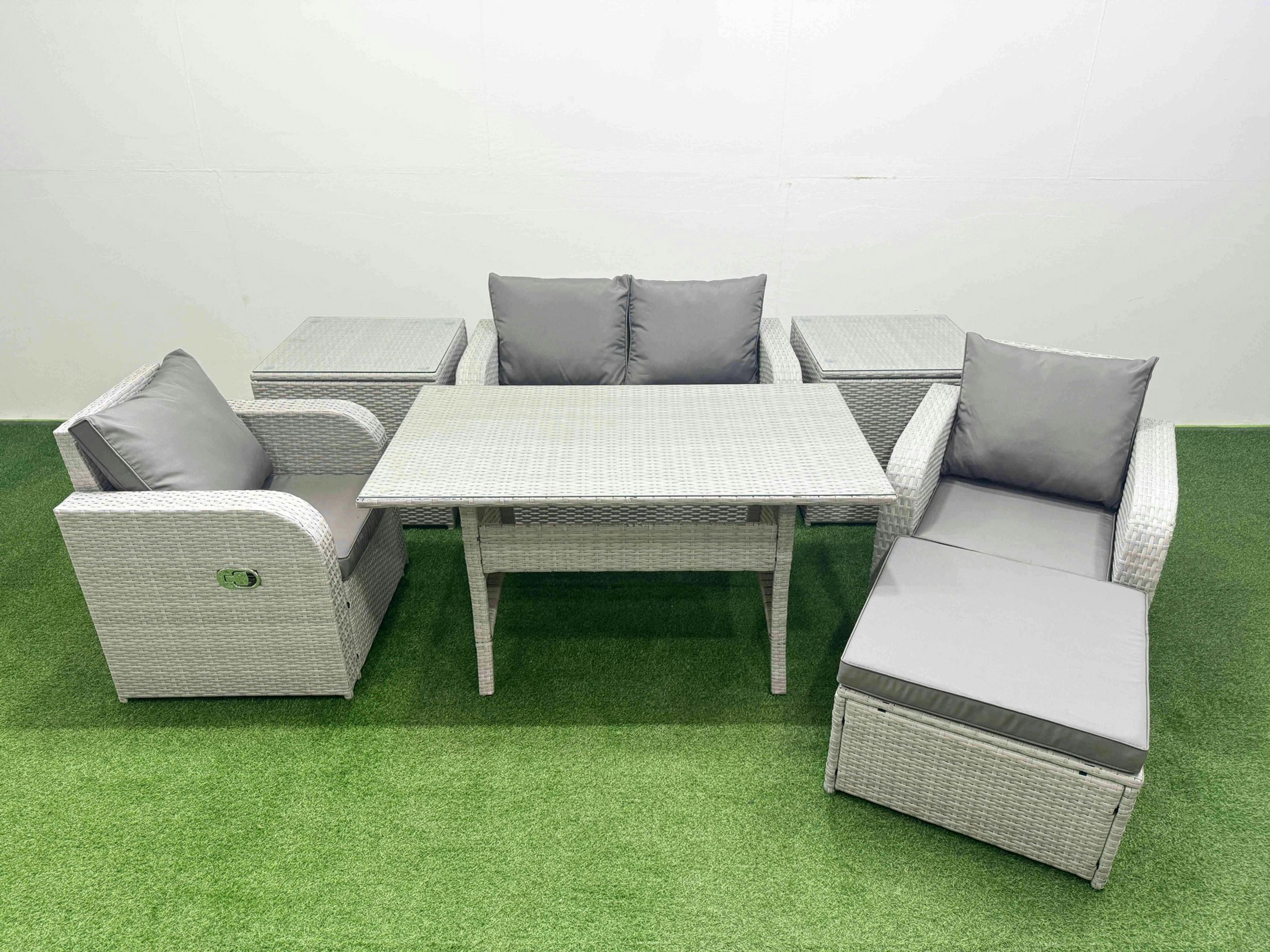 Rackhams Light/Grey Pe Wicker Rattan Garden Furniture Set Sofa Set Reclining Chair Rectangular Dining Table 5 Seater With Footstool 2 Side Table