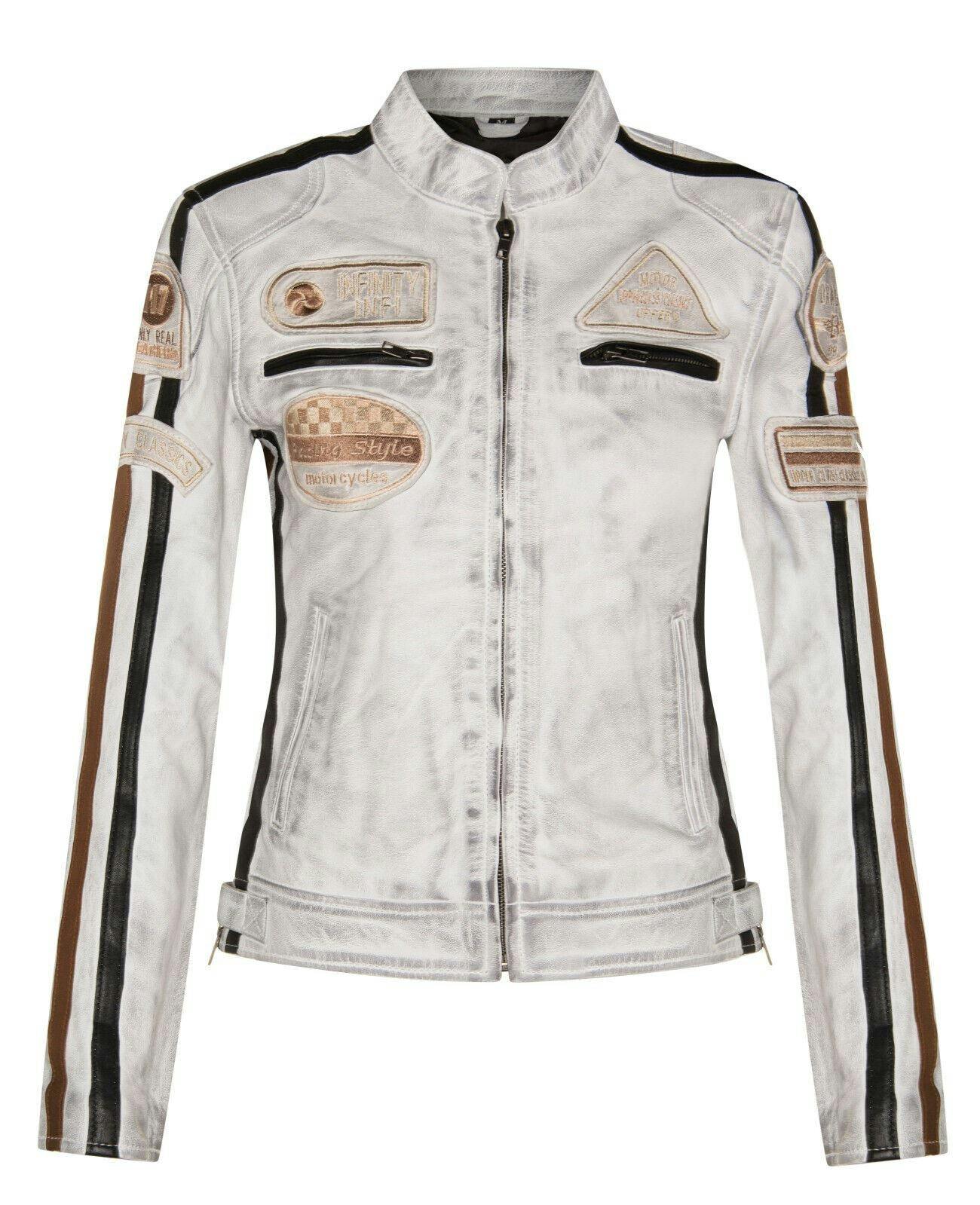 Infinity Leather Women's White Biker Racing Badges Leather Jacket-Eastleigh - Uk Xs/8 | Eu 34 | Us 4