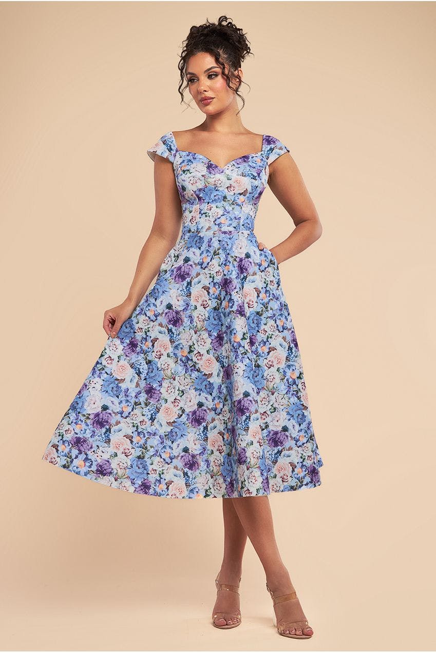 Goddiva Powder Blue Floral Print A-Line Sweetheart Midi Dress - By - 14