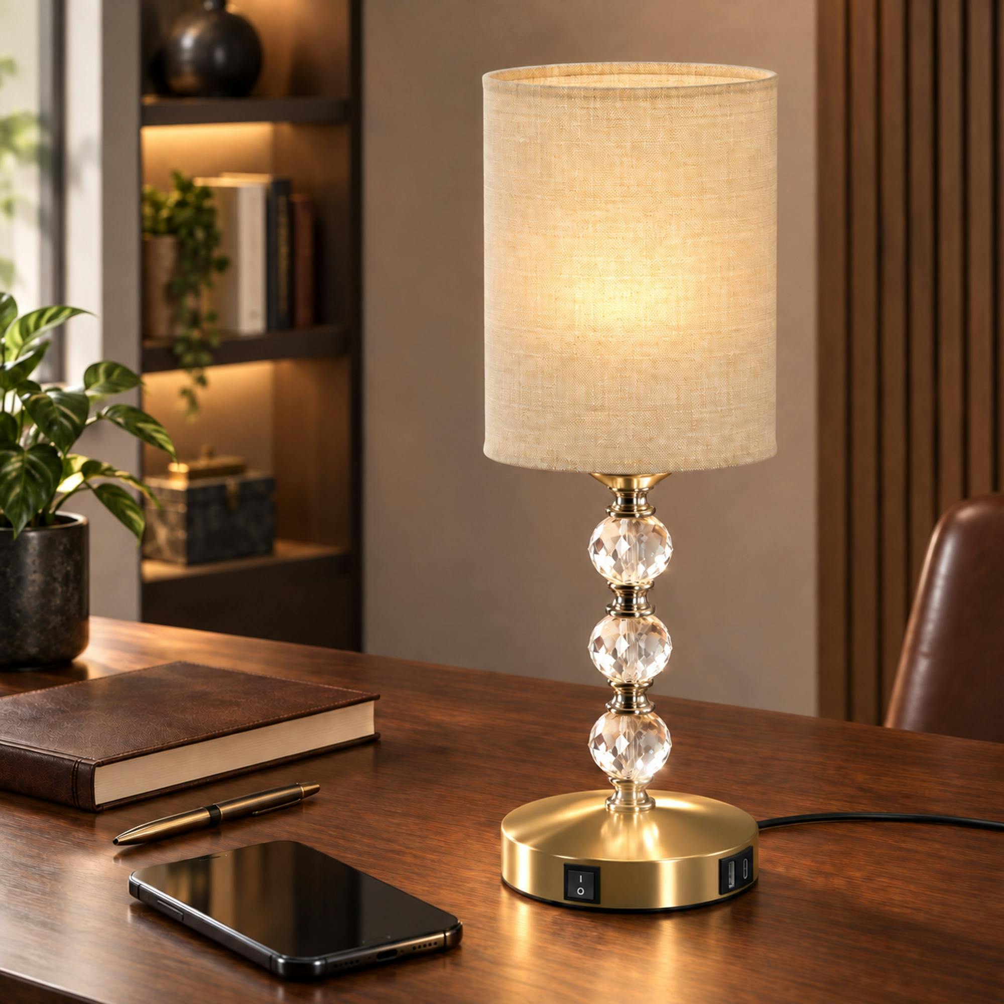 Homcom Gold Tone Bedside Lamp, Modern Crystal Decoration Table Lamp With Pvc Shade, Usb A+C Charging Ports, Bulb Not Included, - Image 2