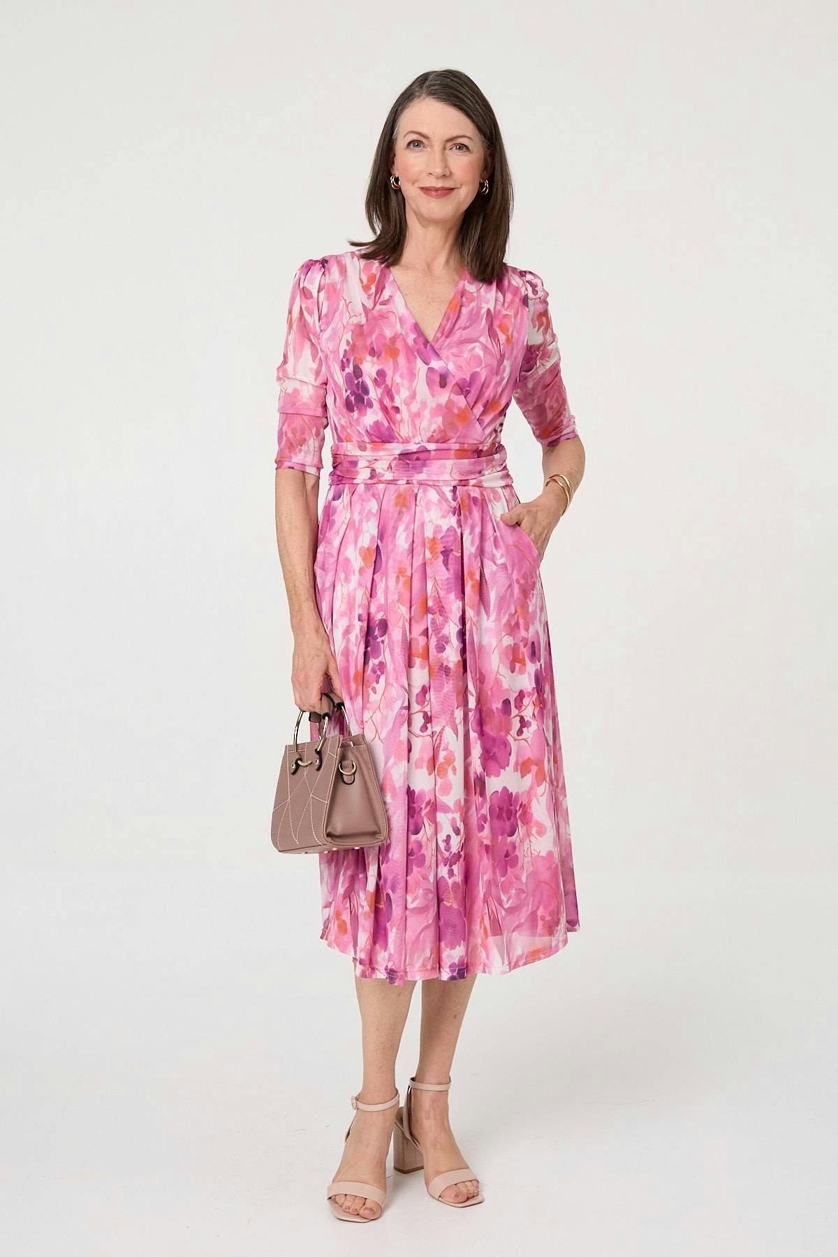 Izabel London Pink Printed Mesh Layer Pleat Wrap Midi Dress - 18