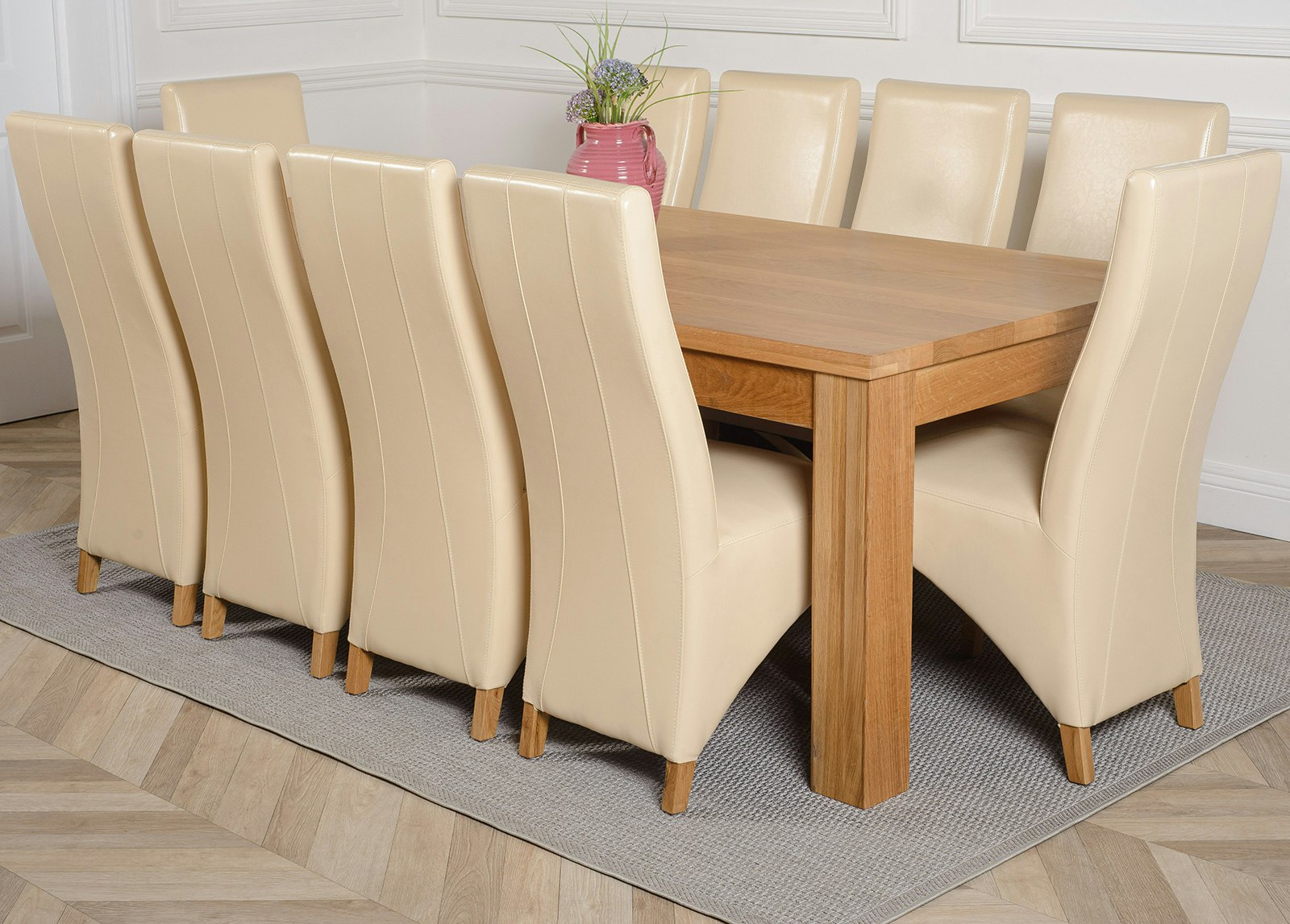 Rackhams Ivory Dakota Extra Large Oak Dining Table With Lola Leather Chairs - 10 Chairs