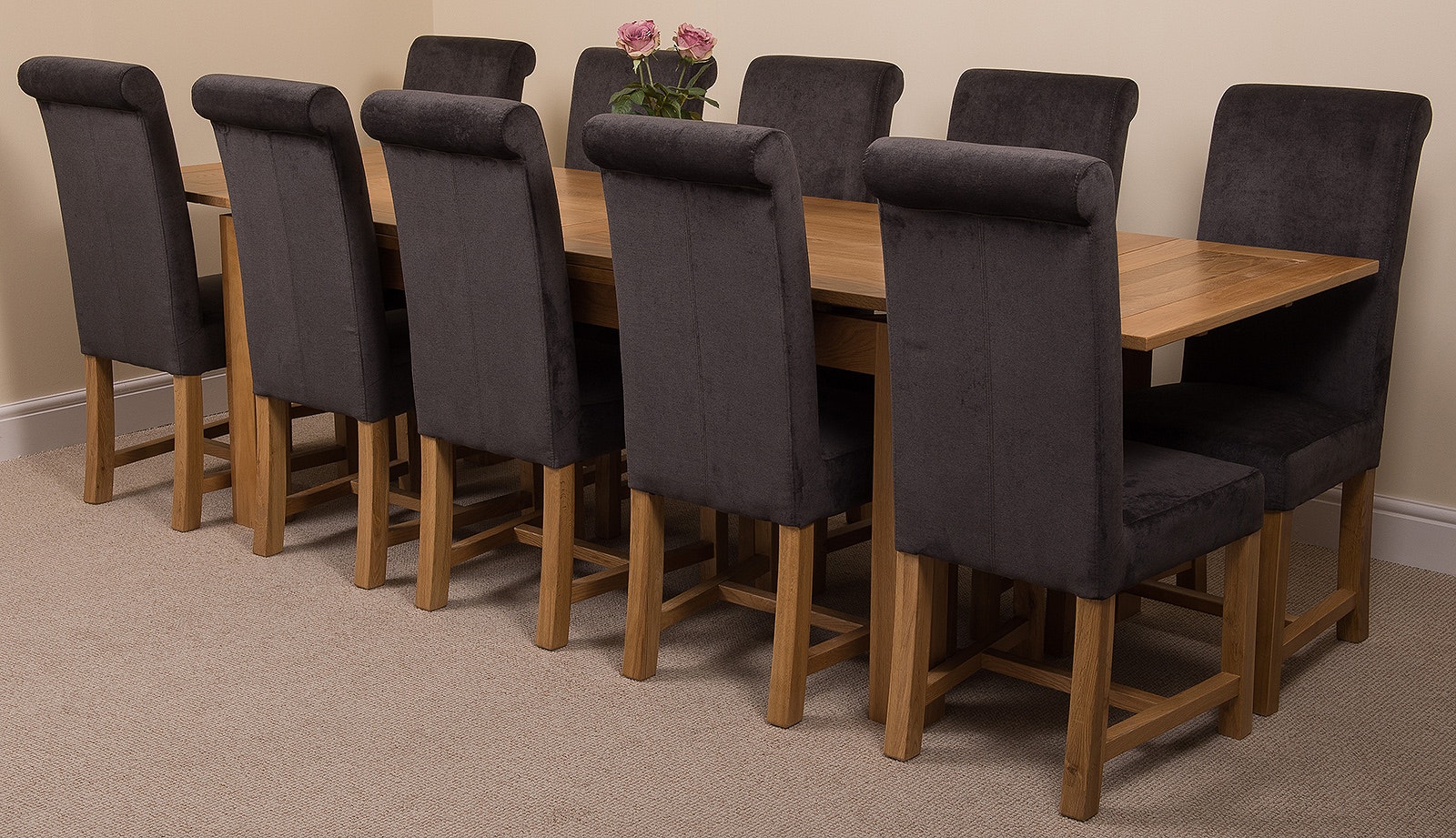 Rackhams Black Richmond Oak Extending Dining Table With Washington Fabric Chairs - 10 Chairs Large