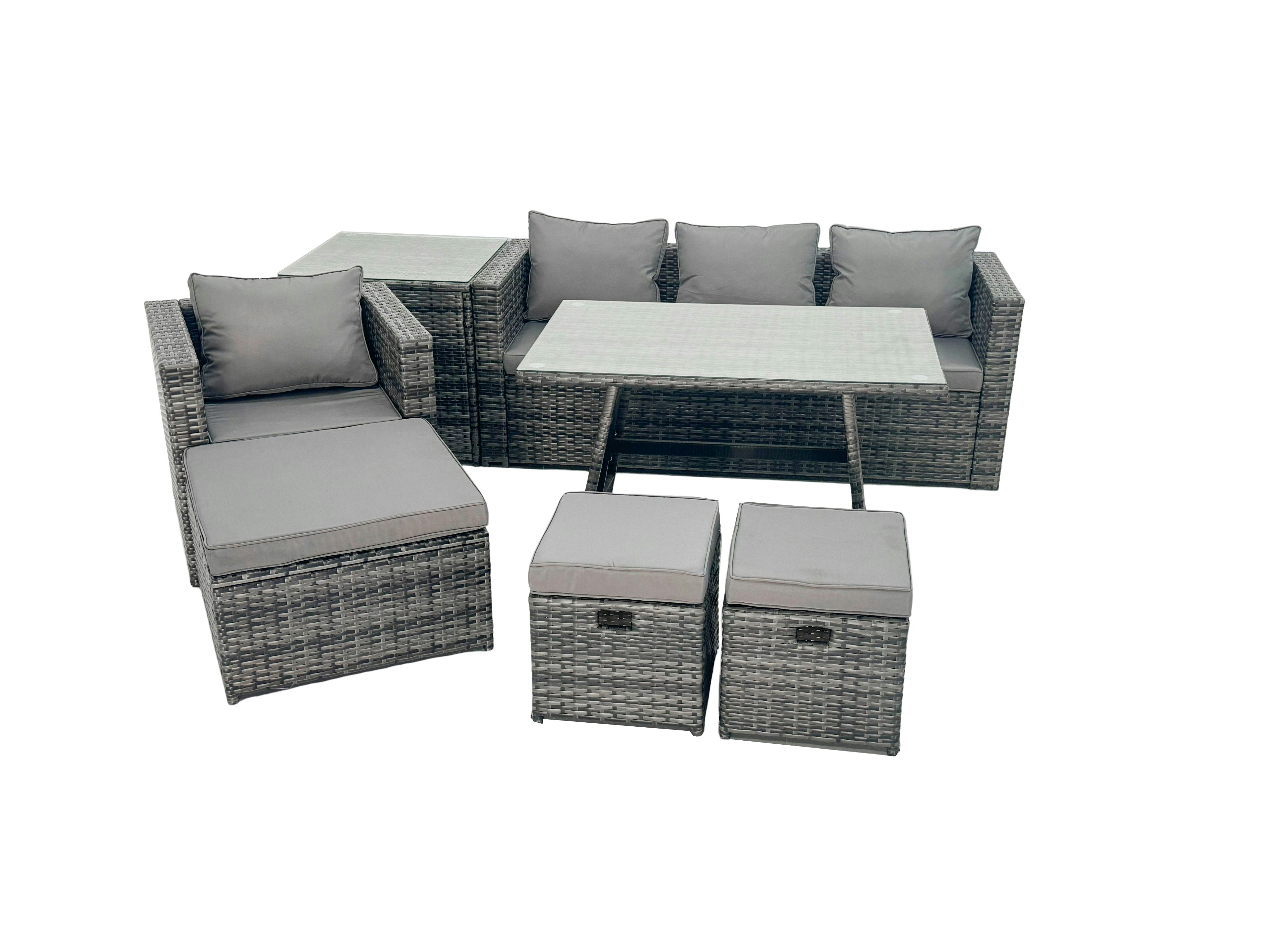 Fimous Dark/Grey Rattan Dining Table Sofa Armchair Set With Side Table 3 Footstools Outdoor Garden Furniture Set Mixed