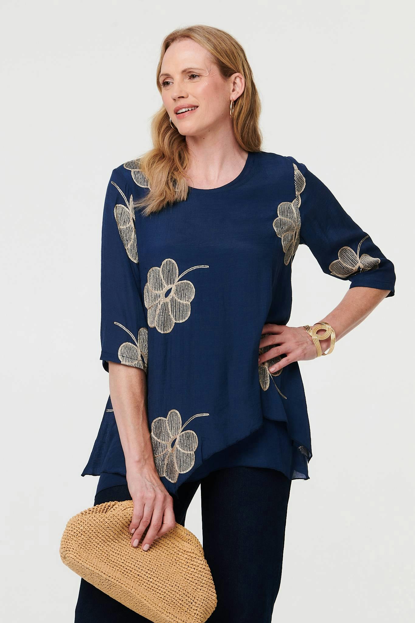 Izabel London Embroidered Texture Layered Blouse - 16 - Navy