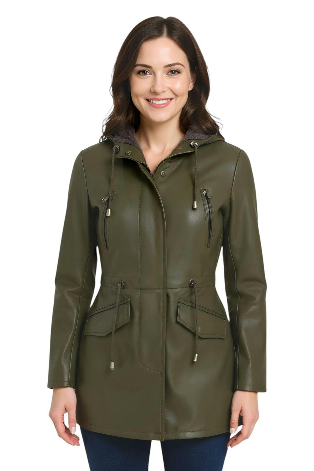 Infinity Leather Women's Green Leather Hooded Parka Jacket-Bucharest - Uk Xl/16 | Eu 42 | Us 12
