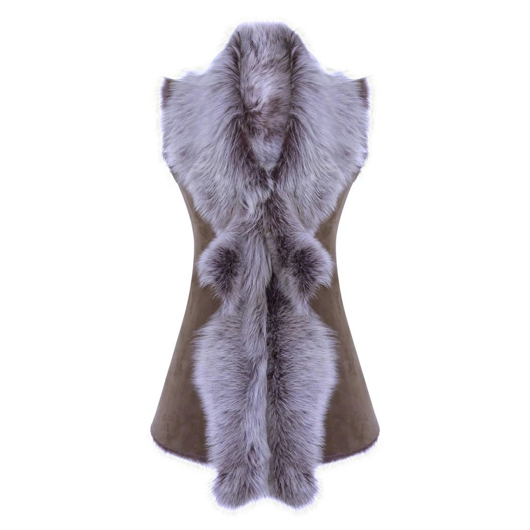 Infinity Leather Women's Leather Company Spanish Shearling Sheepskin Toscana Taupe Long Waistcoat Gilet - 3XL