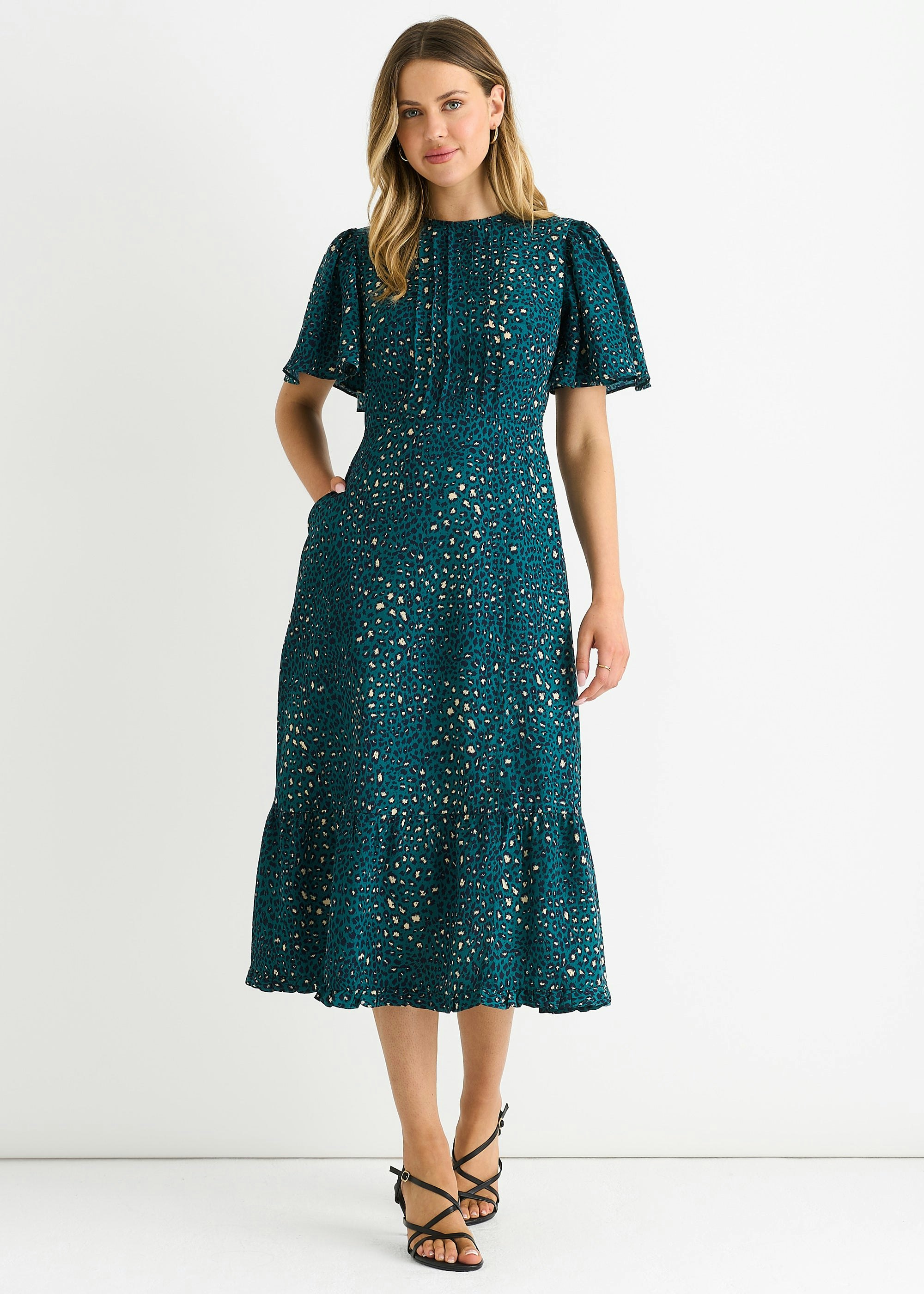 Gini London Green Animal Print Smock Tiered Midi Dress - Uk 14 / Us 10 / Eu 42