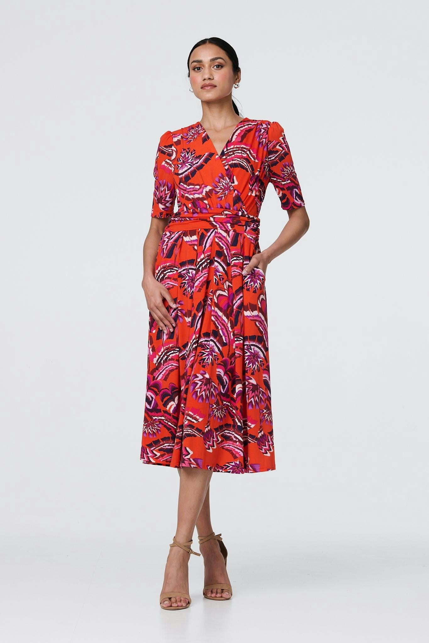 Izabel London Orange Tropical Print Faux Wrap Midi Dress - 10