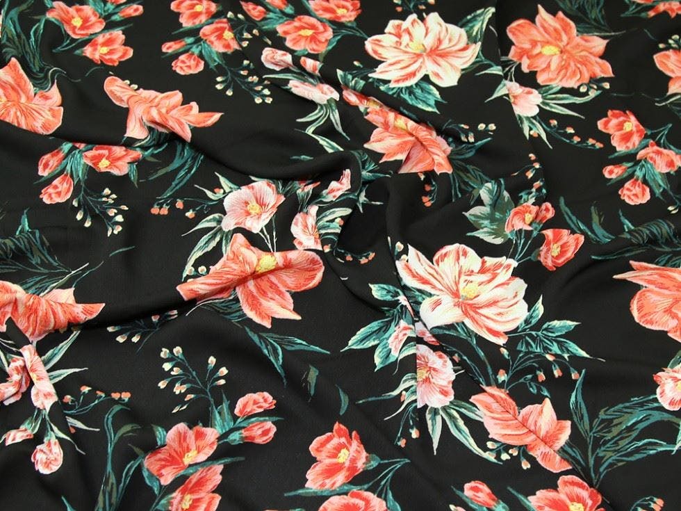 Minerva Black Core Range Deadstock Ripple Crepe Fabric - Flowers Design Dressmaking Fabric, 145 Cm / 58" Wide - Per Metre