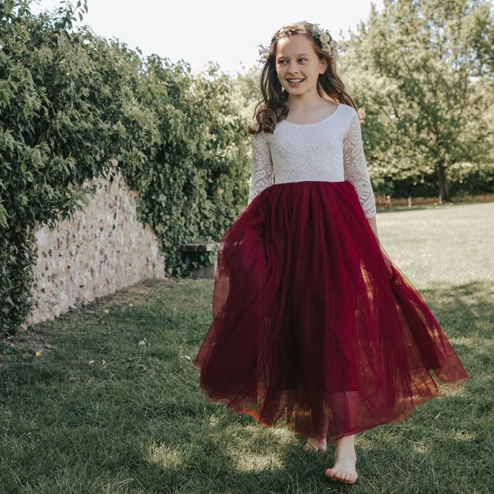 Uk Flower Girl Boutique Girls White/Burgundy Uk Flower Boutique Bohemian Classic Long Sleeve Dress - Wine - 9/10 Years