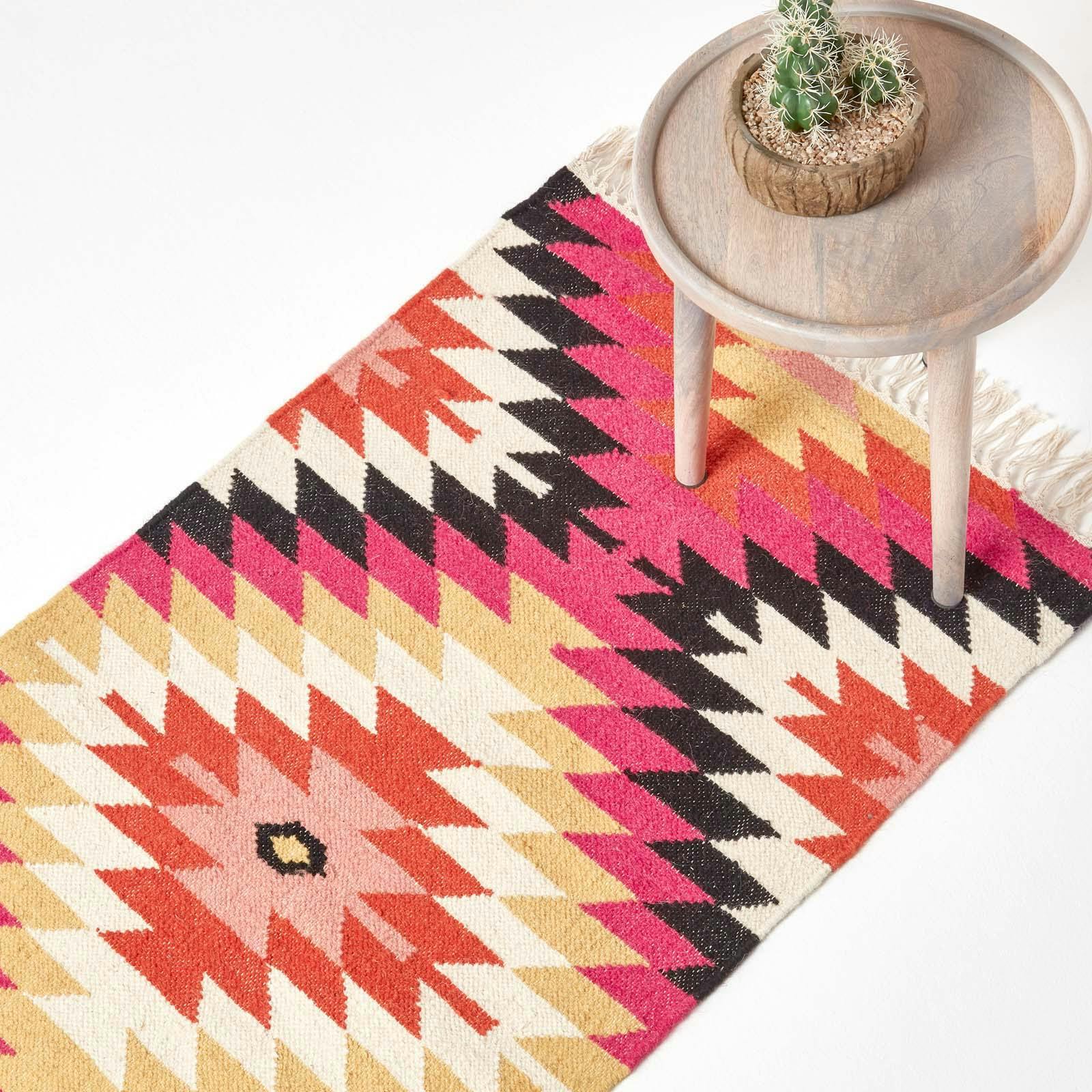 Homescapes Pink/Orange/Black Jakarta Handwoven Geometric Kilim Wool Rug - 66 X 200 Cm