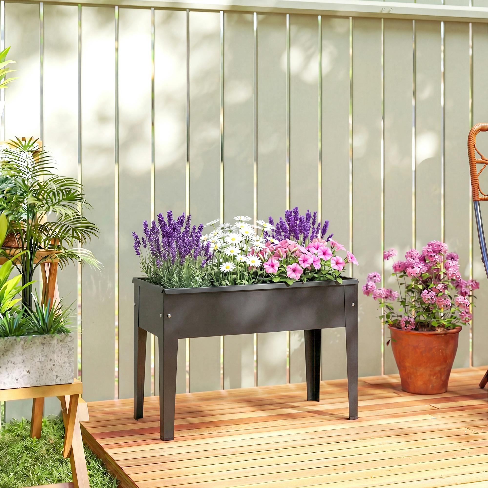 Rackhams Black Raised Planter, Metal Raised Garden Bed On Legs With Drainage Hole - Raised Planter - 60L X 27W X 45H Cm