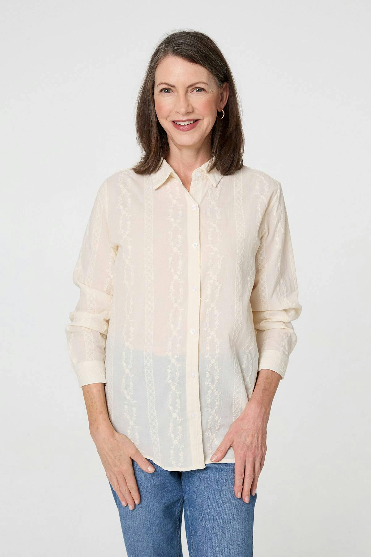 Izabel London White Embroidery Textured Long Sleeve Shirt - 14