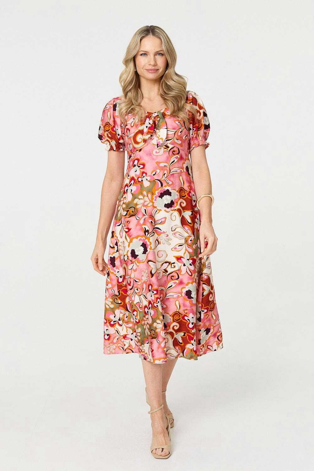 Izabel London Pink Floral Tie Neck Puff Sleeve Midi Dress - Size 8