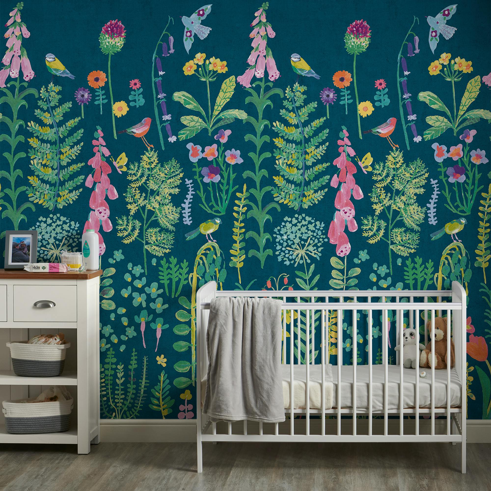Rackhams Dark Spring Meadow Flower Painted Sprig 3 Panel Repeatable Wallpaper Mural, 1.59 X 2.8M, Teal
