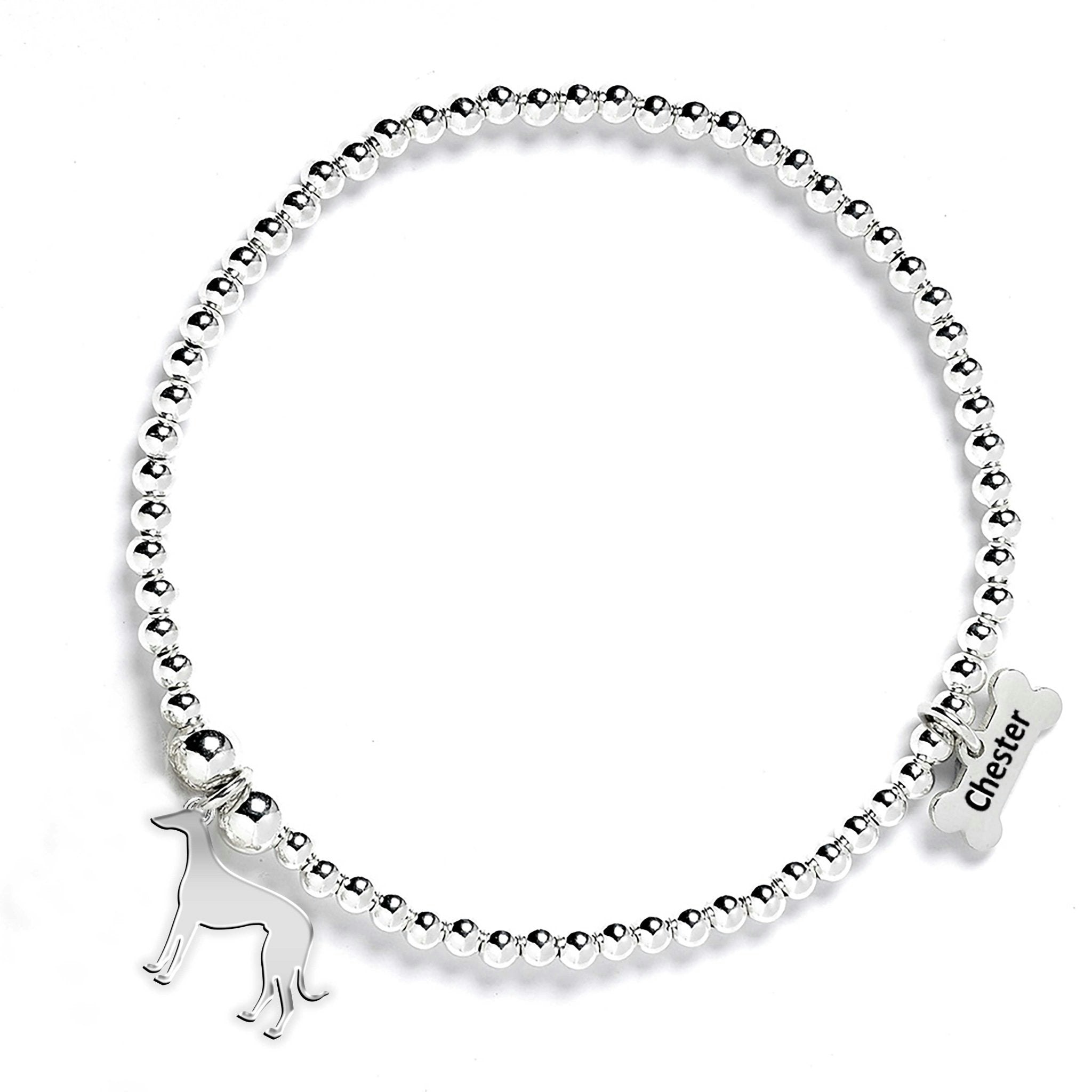 Mylee London Silver Whippet Silhouette Ball Bead Bracelet - Personalised - No