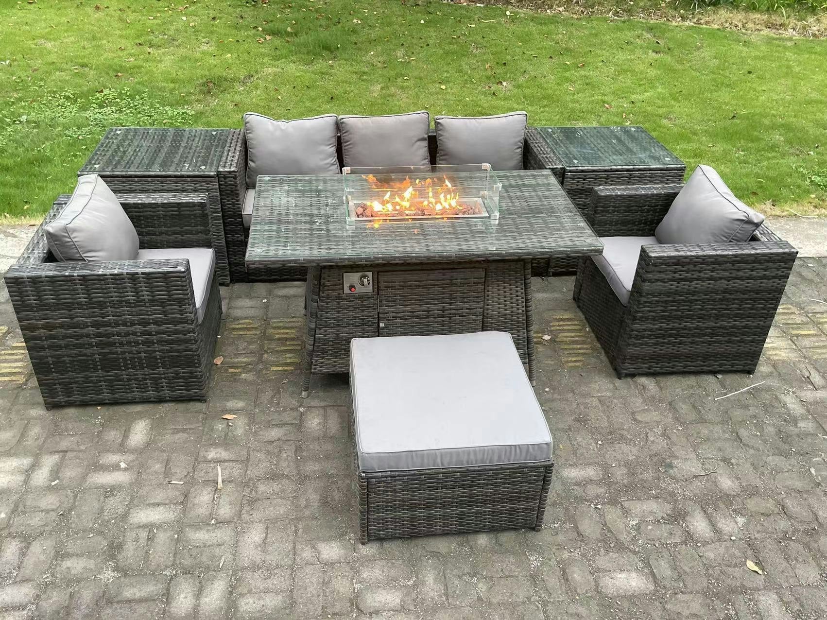 Rackhams Dark/Grey 6-Seater Pe Rattan Outdoor Gas Fire Pit Dining Set | 2 Armchairs, 2 Side Tables, Footstool |