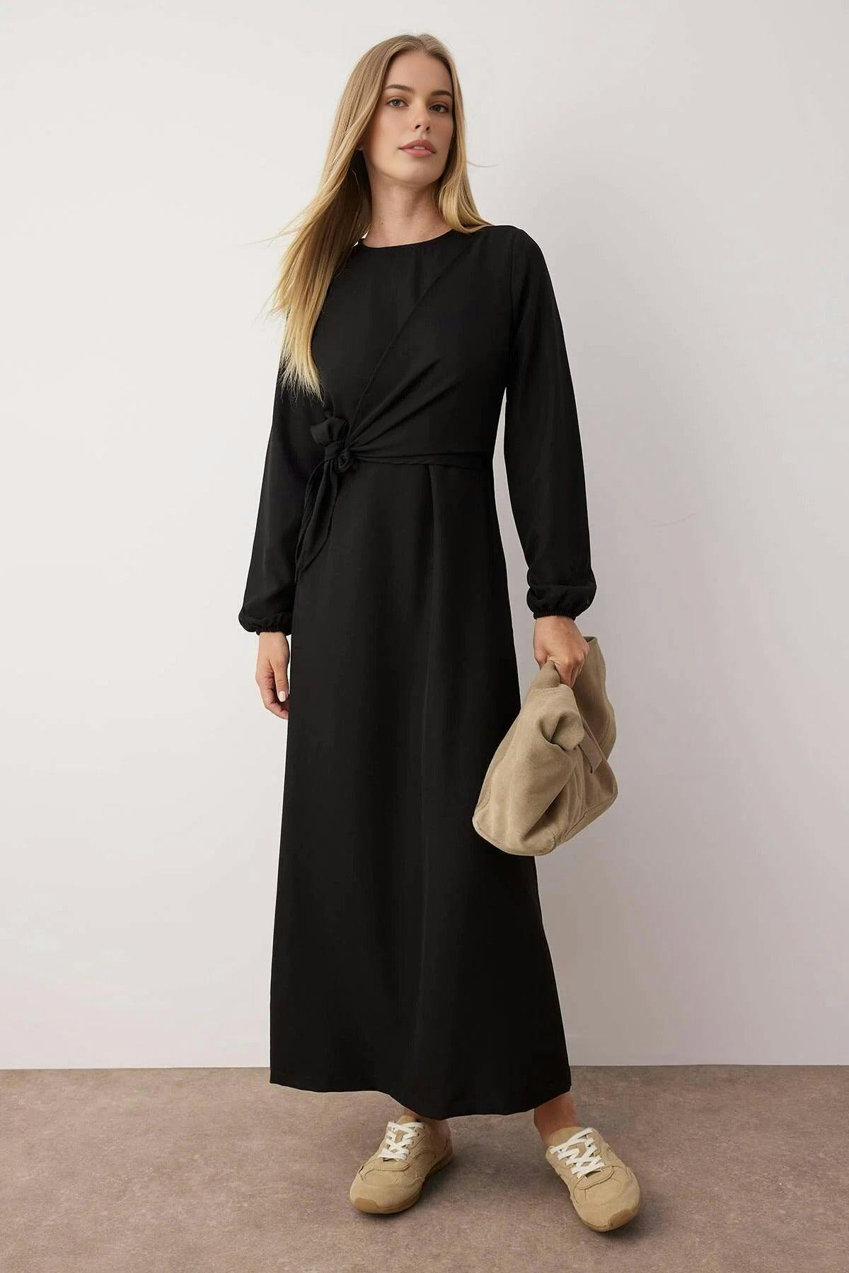 Wovcor Black Tie Waist Long Sleeve Maxi Dress - 10
