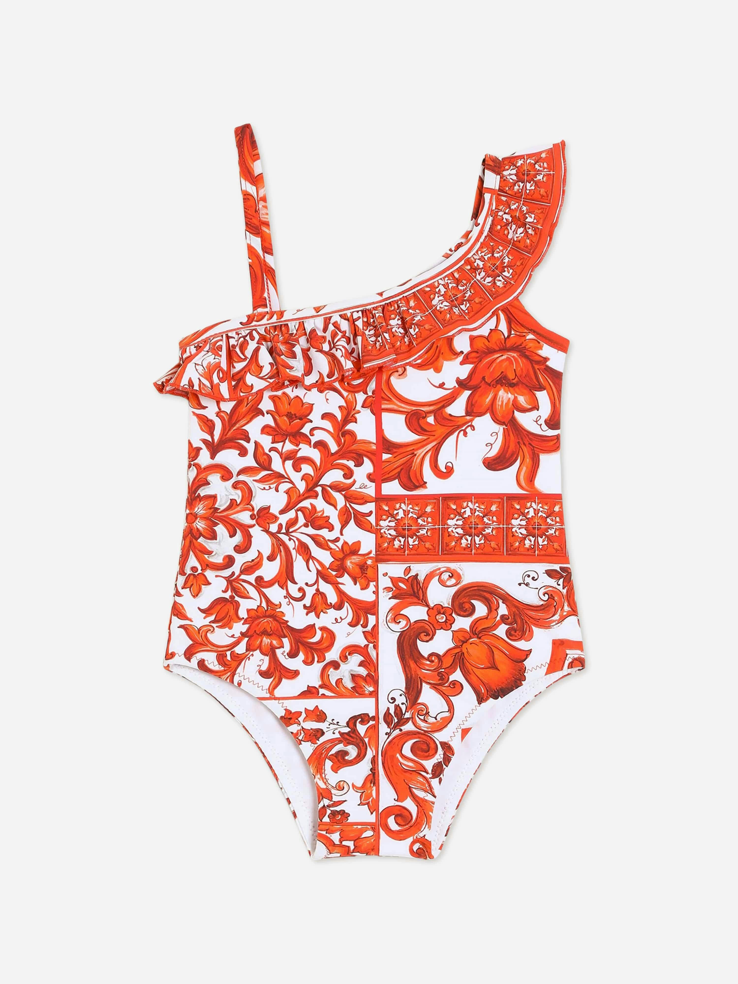 Dolce & Gabbana Kids Girls Orange Dolce & Gabbana Baby Majolica Print Swimsuit In - 18 - 24 Mths