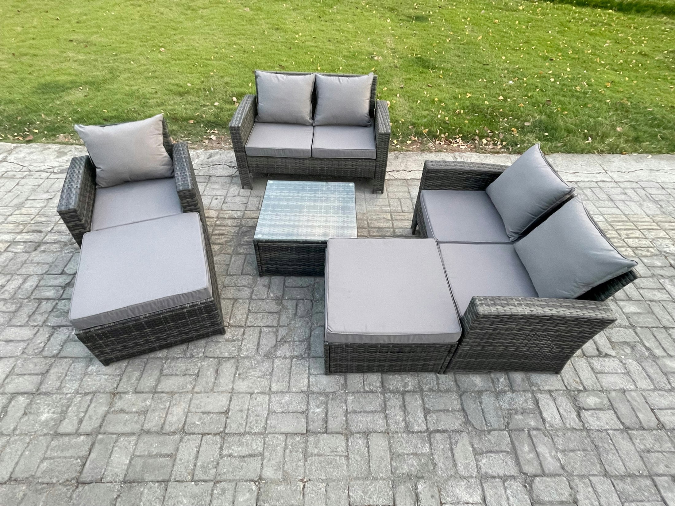 Fimous Dark/Grey 7 Seater Rattan Outdoor Garden Furniture Sofa Set Table & Chairs With 2 Big Footstool Mixed