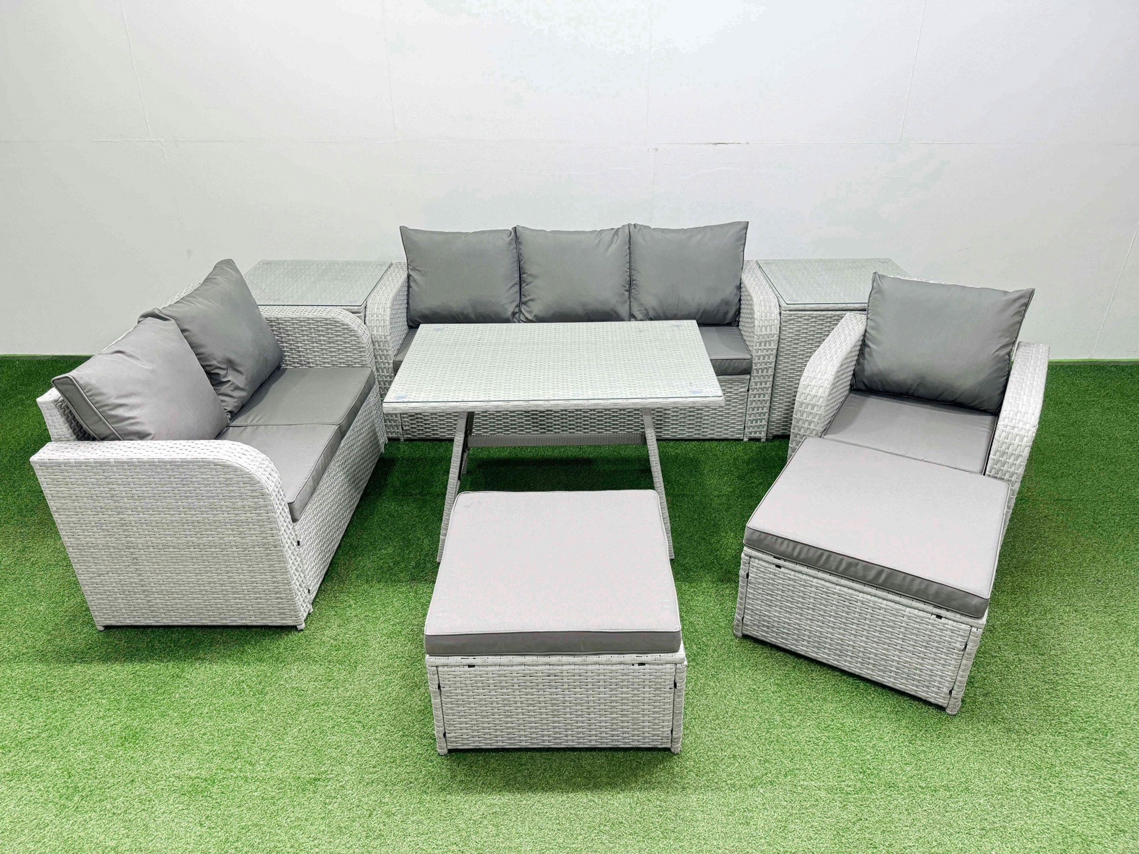 Rackhams Light/Grey Rattan High Back Lounge Sofa Set Patio Dining Table & Chairs Set With 3 Seater Sofa Reclining Chair 2 Side Tables 2 Big Stool