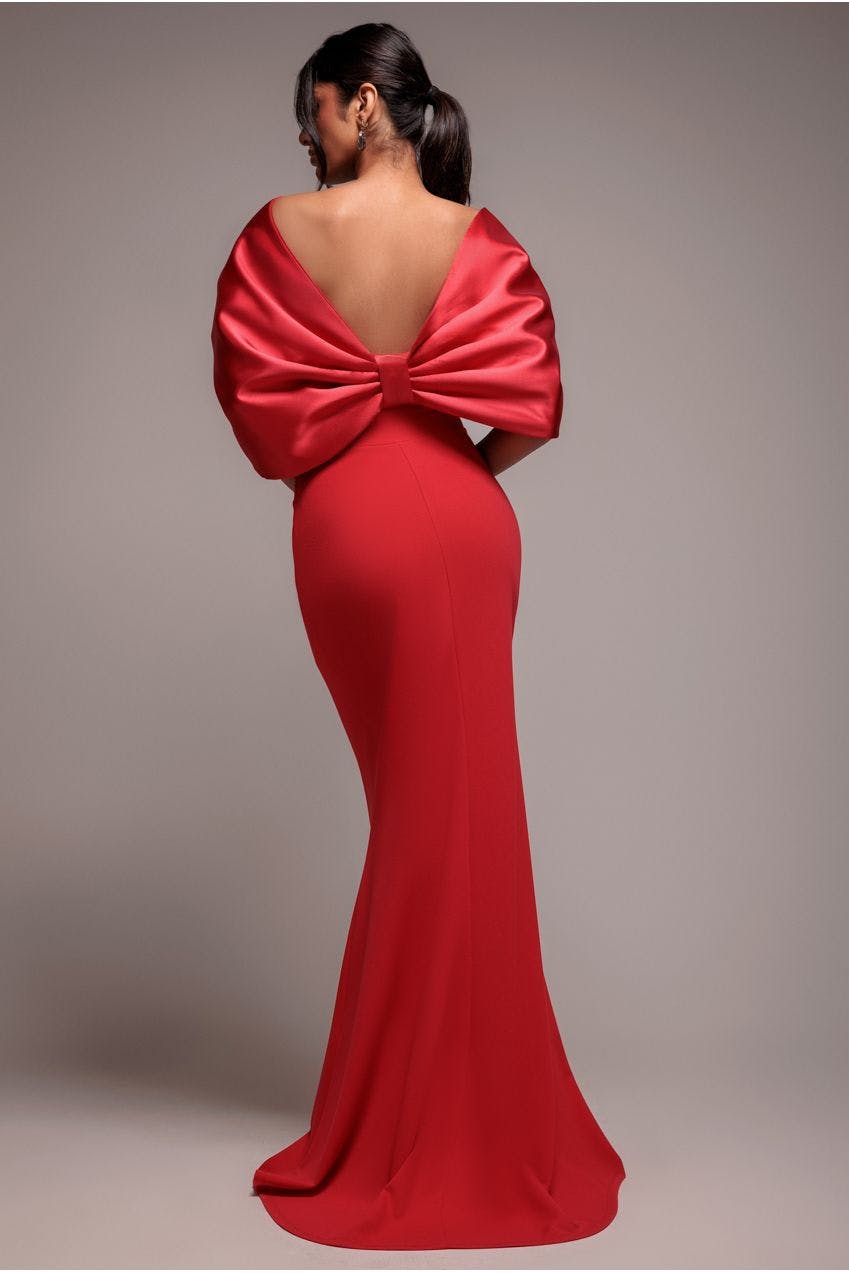 Goddiva Women's Red Off Shoulder Back Satin Bow Scuba Maxi Dress In Size 10 - Image 3
