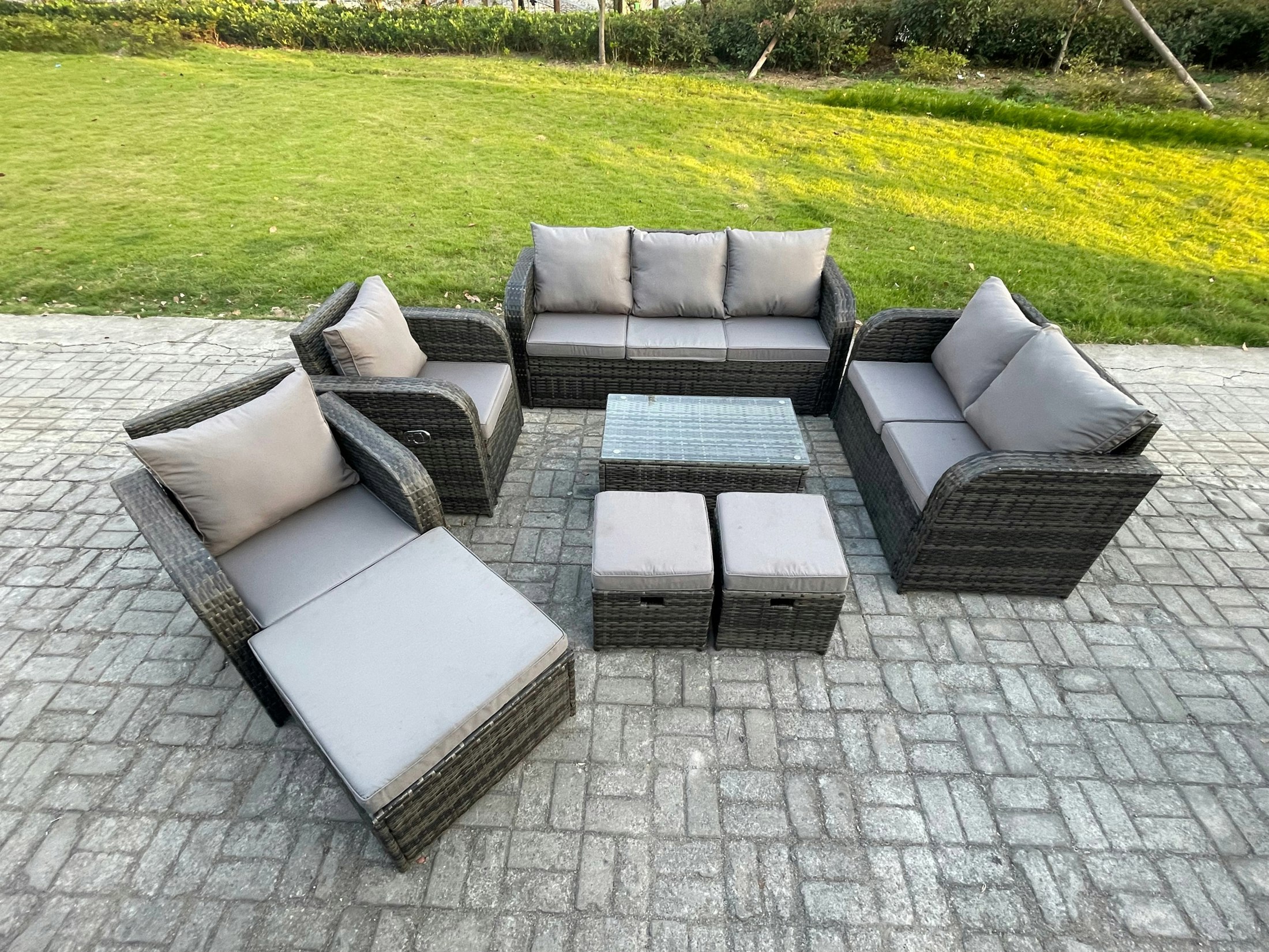 Fimous Dark/Grey 10-Seater Wicker Rattan Outdoor Sofa Set | Rectangular Coffee Table, Reclining Chair, Loveseat, 3 Footstools