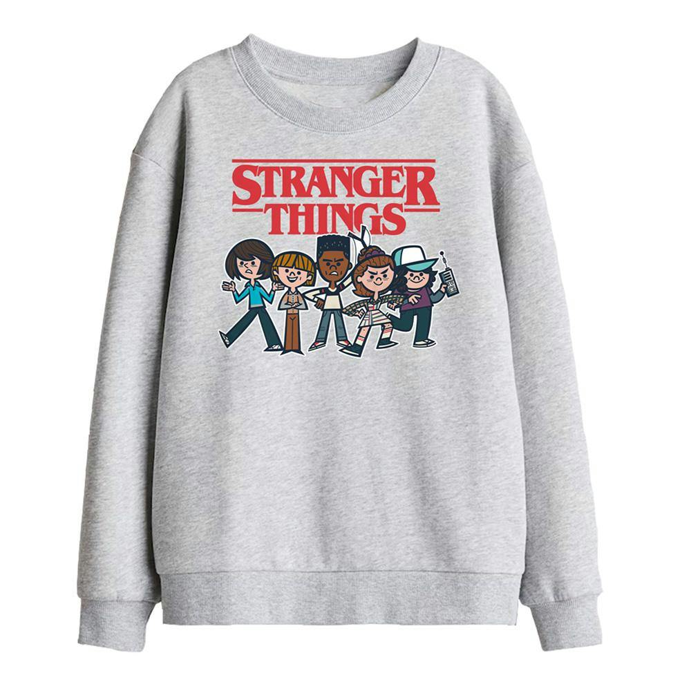 Stranger Things Kids Cartoon Group Sweatshirt - Athletic Heather - 12-13 Years - Athletic Heather - 50% Cotton/50% Polyester