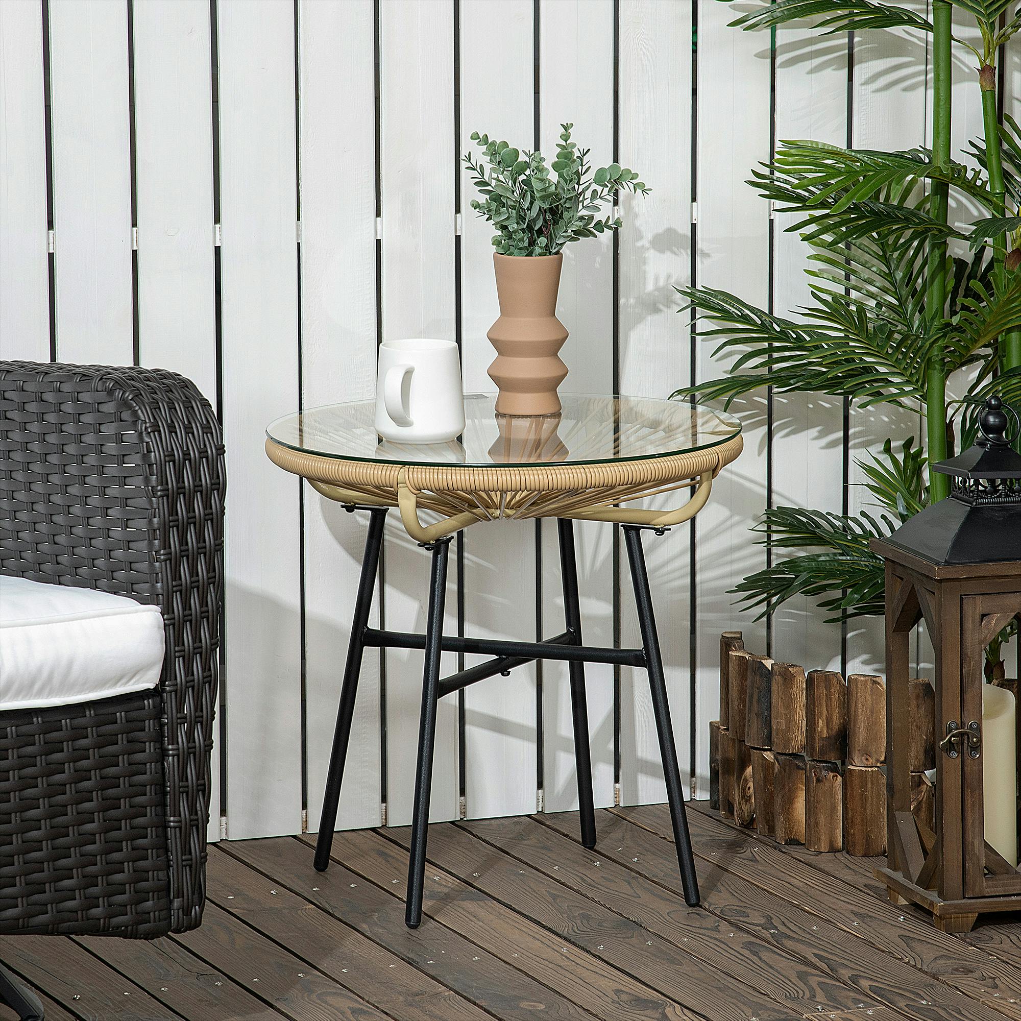 Outsunny Beige Rattan Side Table W/ Tempered Glass Tabletop,