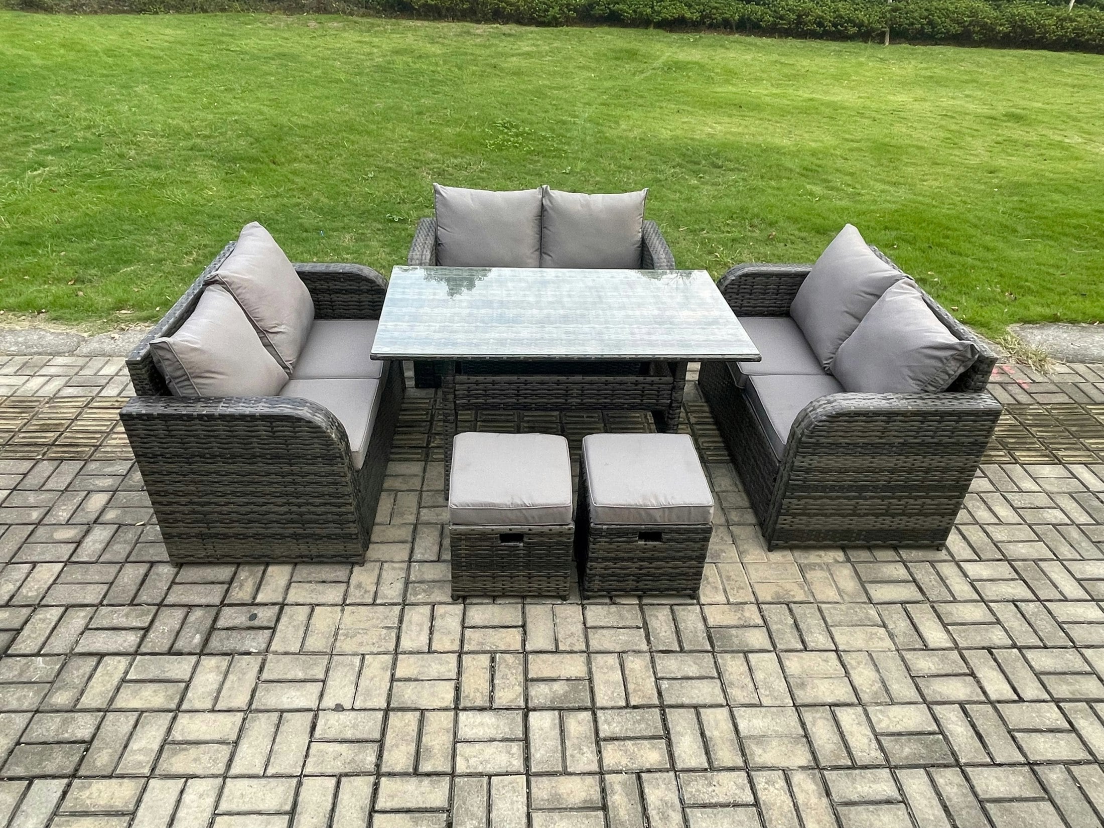 Rackhams Dark/Grey 8 Seater Outdoor Rattan Garden Furniture Set With Patio Rectangular Dining Table Love Sofa 2 Small Footstools Mixed