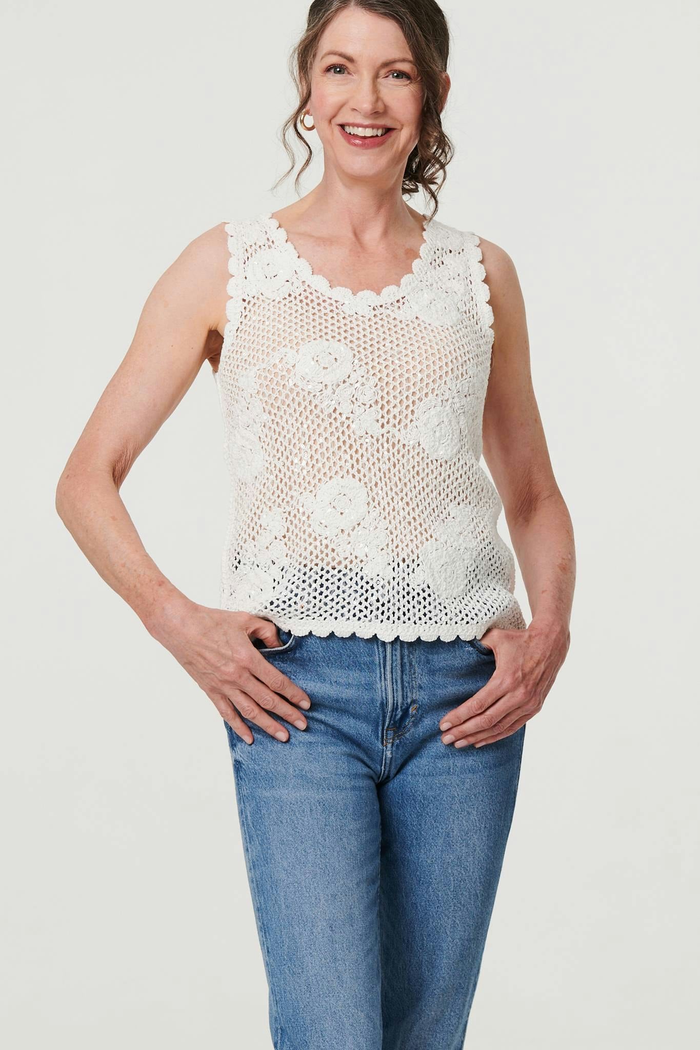 Izabel London White Sparkly Embroidered Mesh Sleeveless Vest - L