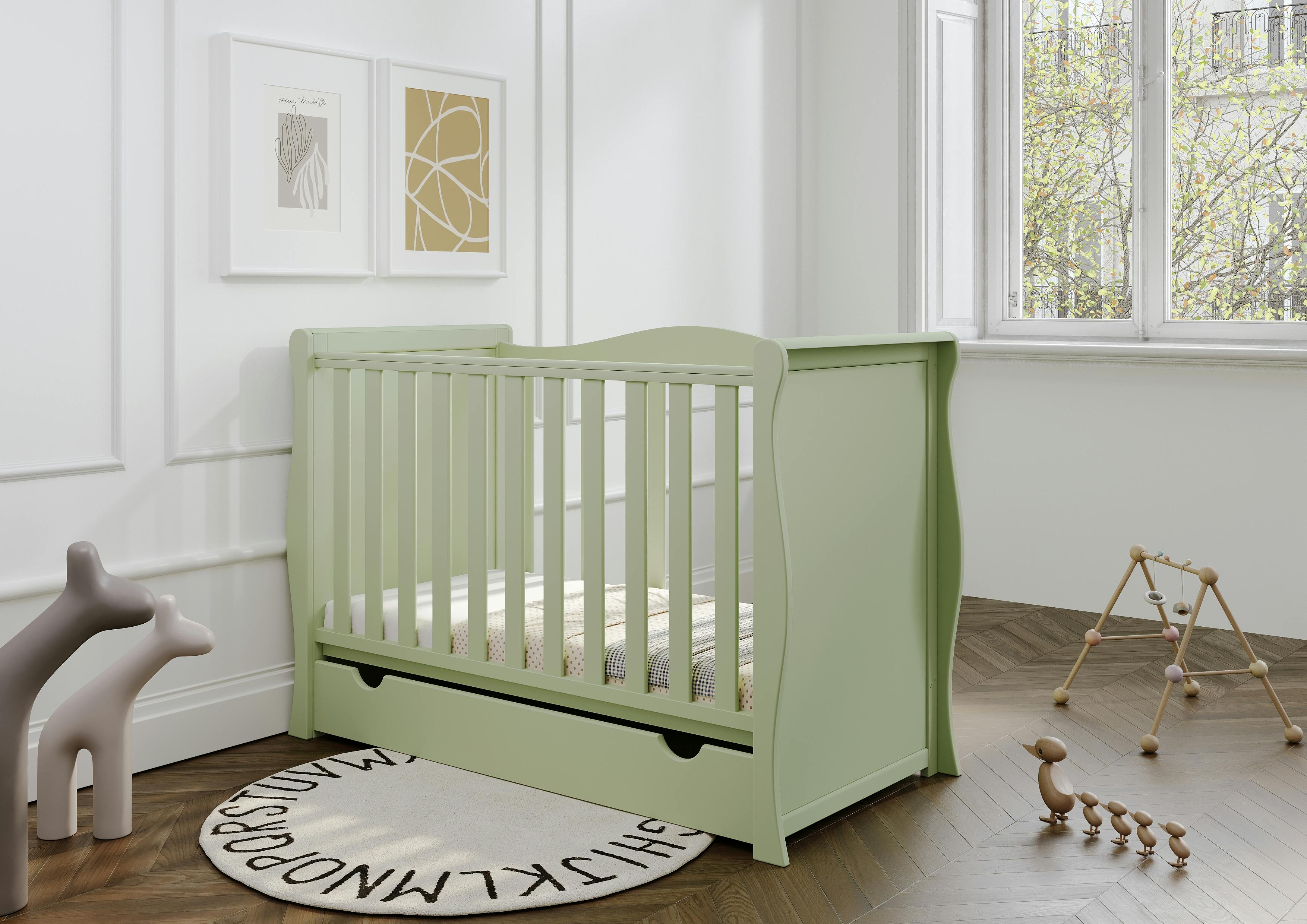 Viculii Willow Sleigh Mini Cot Bed Pistachio With Drawer And Mattress - Pistachio