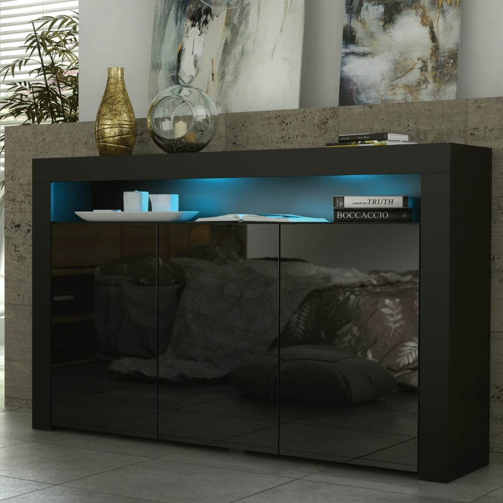 Rackhams Black 155Cm Sideboard Tv Stand Cupboard Cabinet – High Gloss Doors With Free Led - 155Cm - Matt Body & Gloss Doors - Mdf/Chipboard