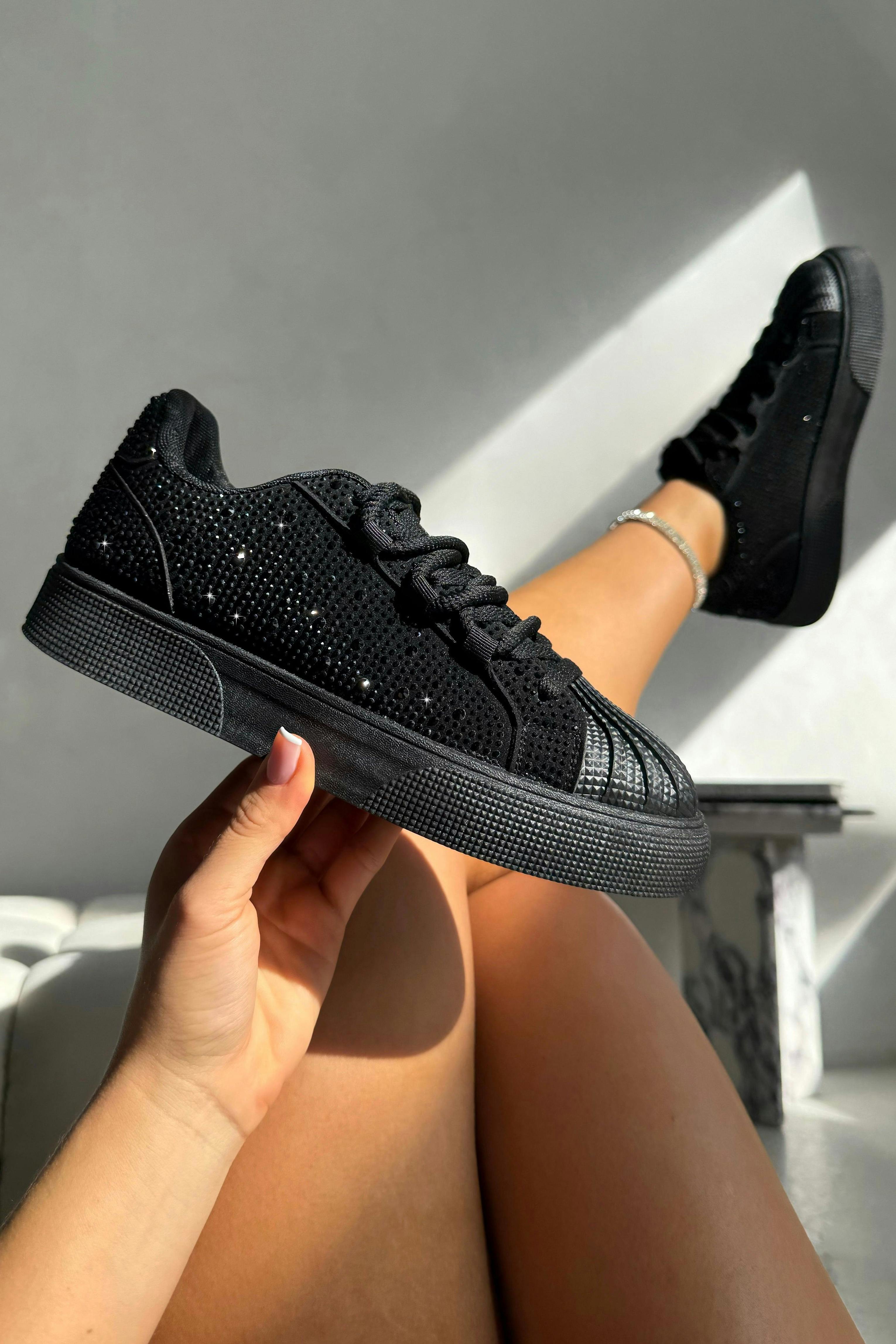 Love Lemonade Women's Black Crystal Embellished Aura Lace-Up Trainers - Uk 3