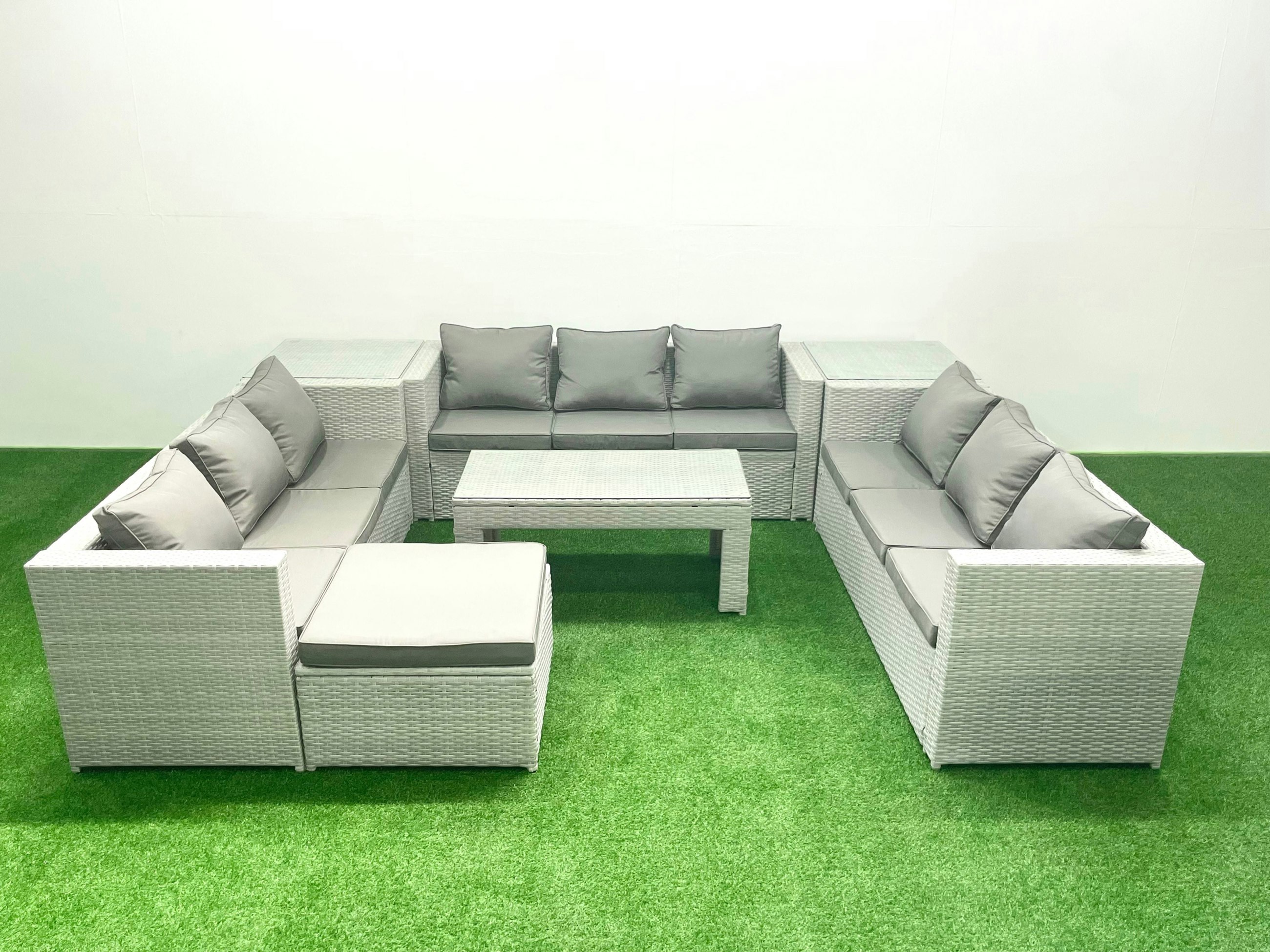 Fimous Light/Grey Rattan Garden Outdoor Furniture Set 10 Seater Garden Sofa Oblong Coffee Table Set With Big Footstool 2 Side Tables Mixed