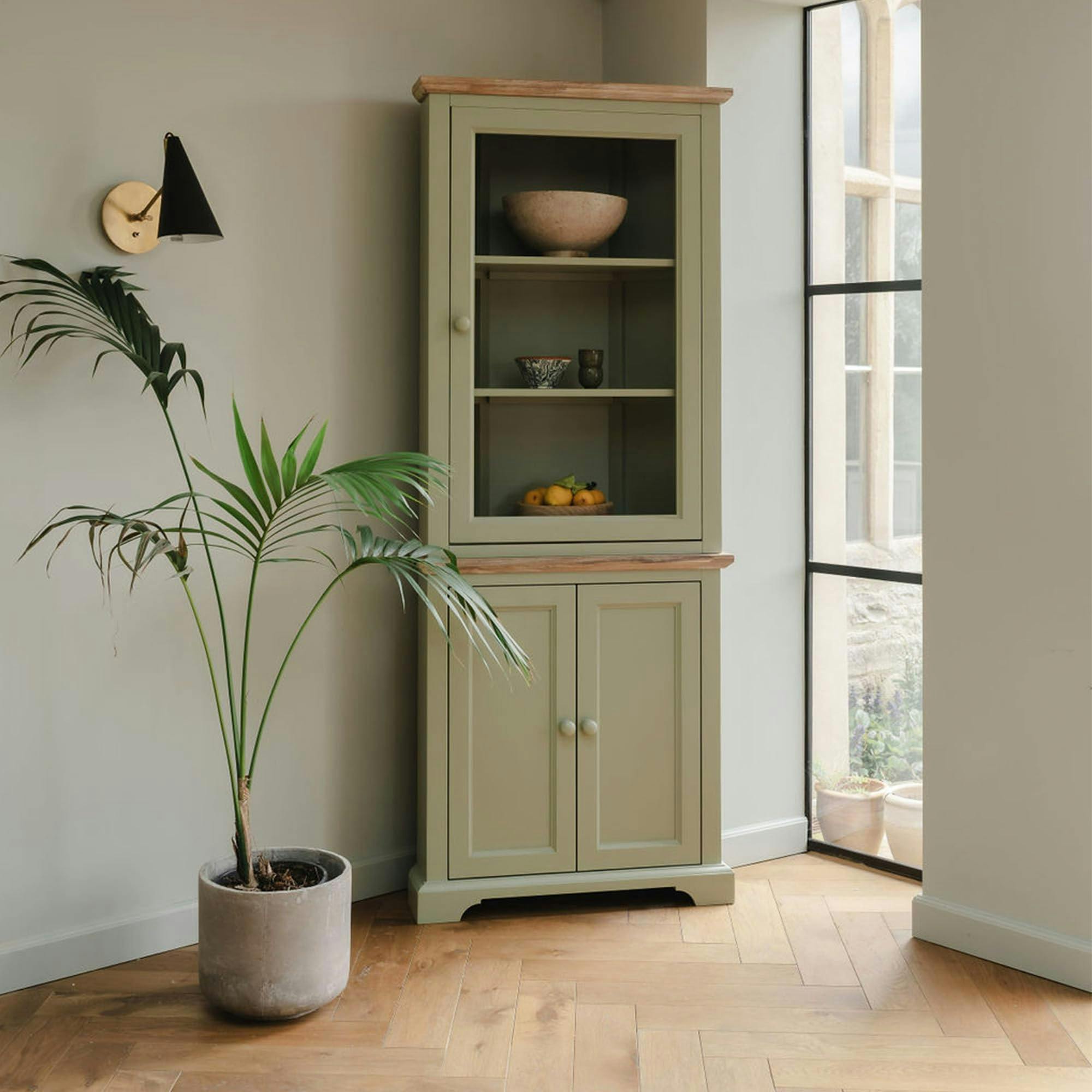 Rackhams Green Florence Corner Display Cabinet, Glass Door Assembled Dresser - Sage