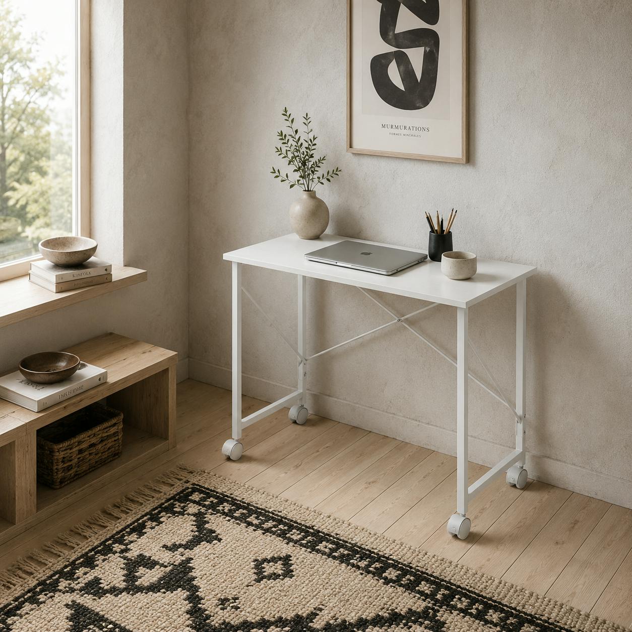 Rackhams White Romira 80Cm Metal Folding Desk Lockable Wheels