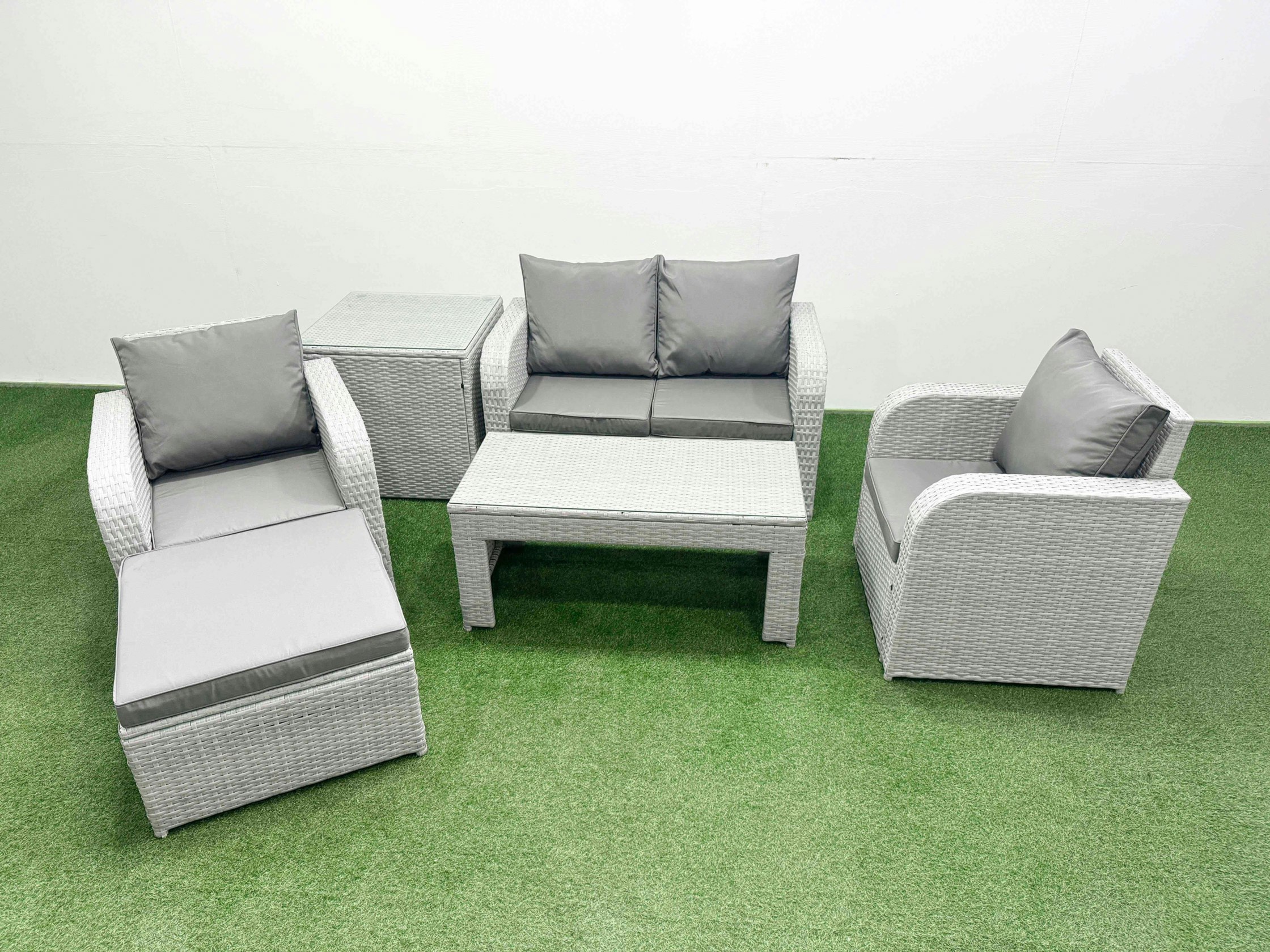 Fimous Light/Grey Pe Wicker Rattan Garden Furniture Set Sofa Set Reclining Adjustable Chair Oblong Coffee Table 5 Seater With Footstool Side Table