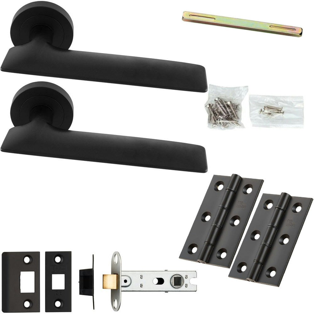 Rackhams Black Loops Door Handle & Latch Pack - Matt - Smooth Flat Bar Lever On Round Rose